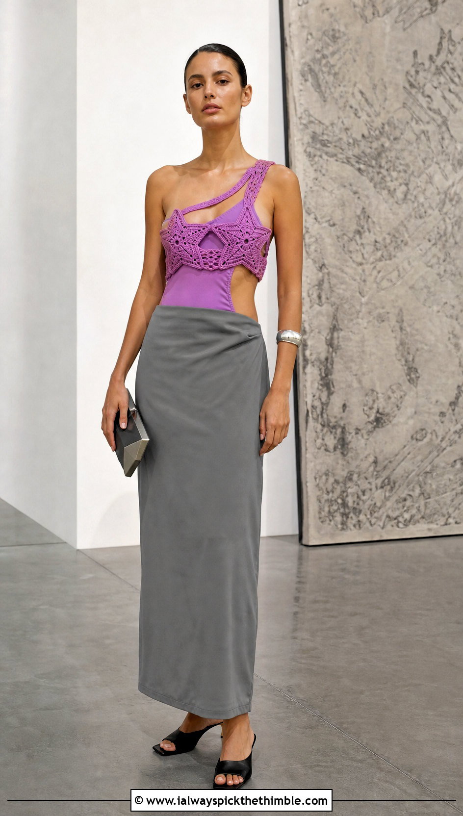 One Shoulder Crochet Star Bra With A Column Skirt - 20 crochet star bra outfit ideas