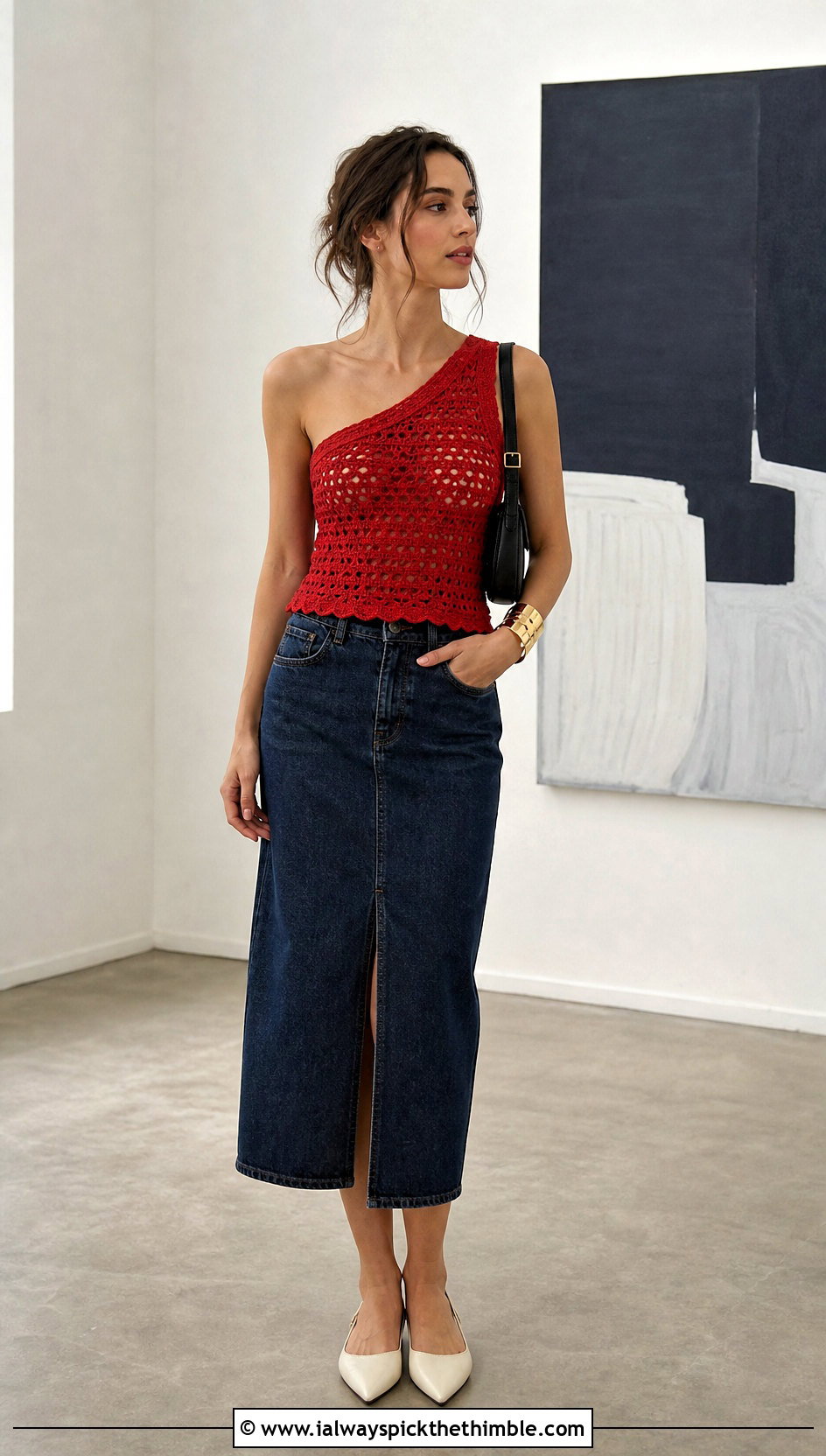 One Shoulder Crochet Top With Denim Midi Skirt - 25 simple crochet top outfit ideas