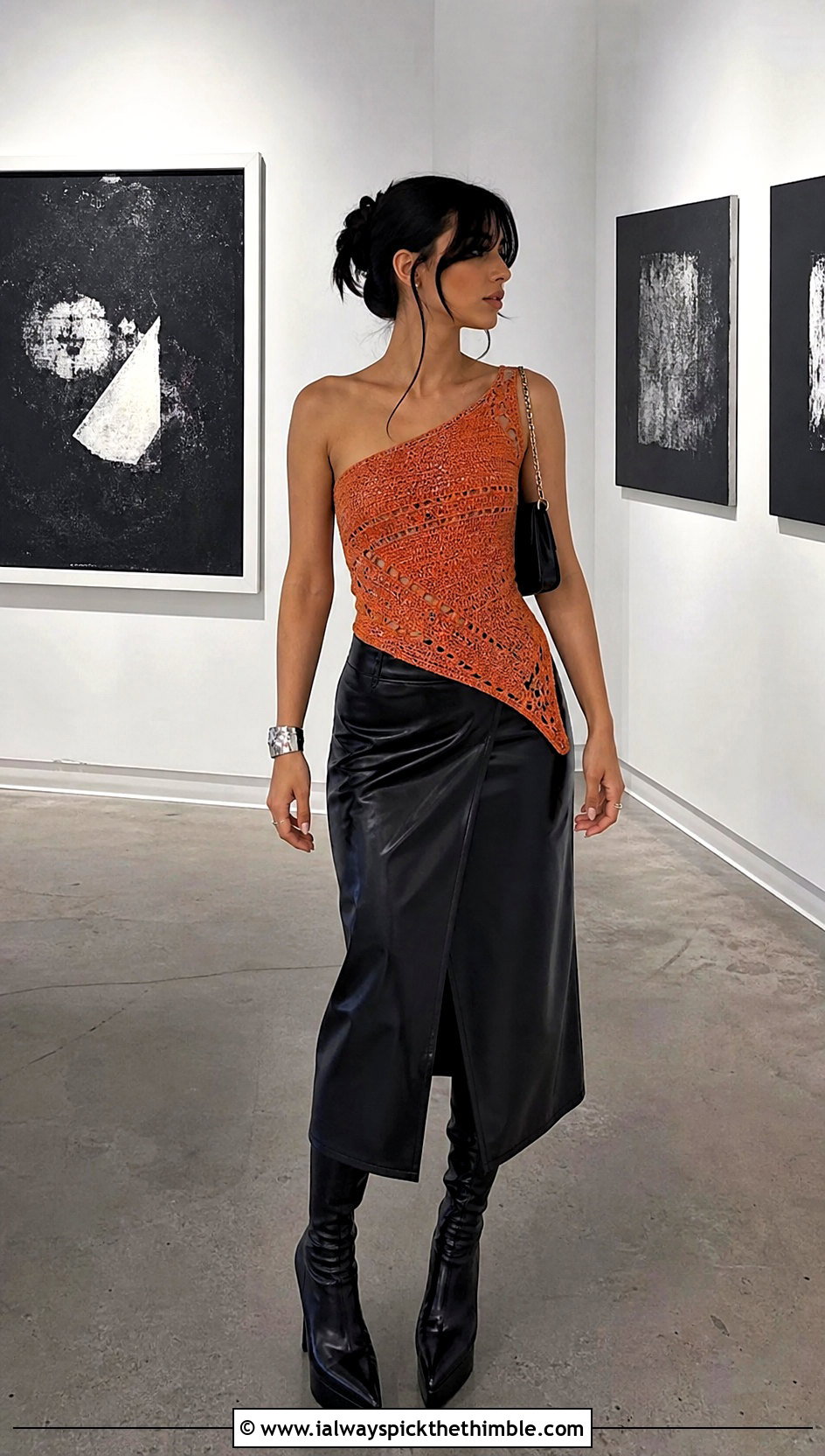 One Shoulder Crochet Top With Leather Midi Skirt - 20 emo crochet top outfit ideas