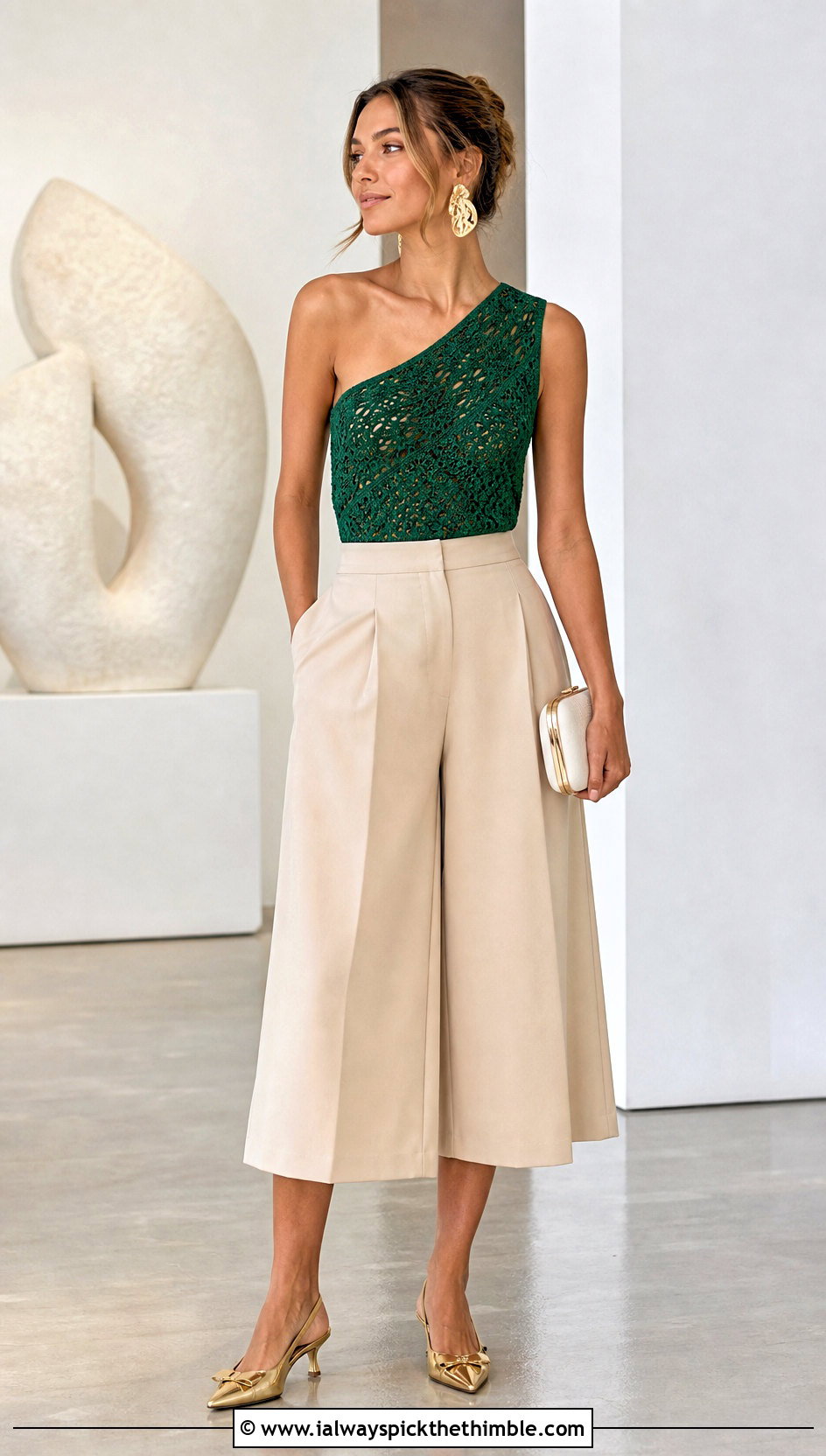 One Shoulder Crochet Top With Tailored Culottes - 25 crochet top sleeves outfit ideas