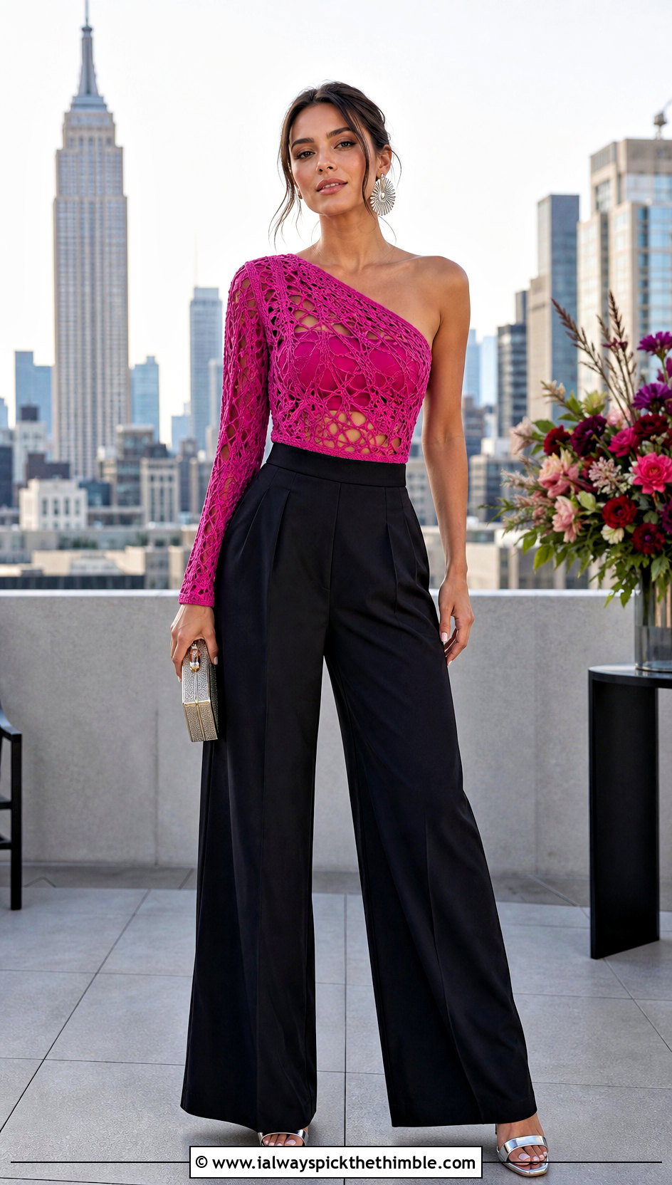 One Shoulder Crochet Top With Tailored Jumpsuit Pants - 20 Crochet Top With Holes outfit ideas