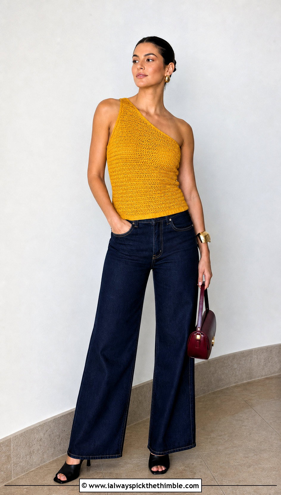 One Shoulder Crochet Top With Wide Leg Jeans - 20 quick crochet top outfit ideas