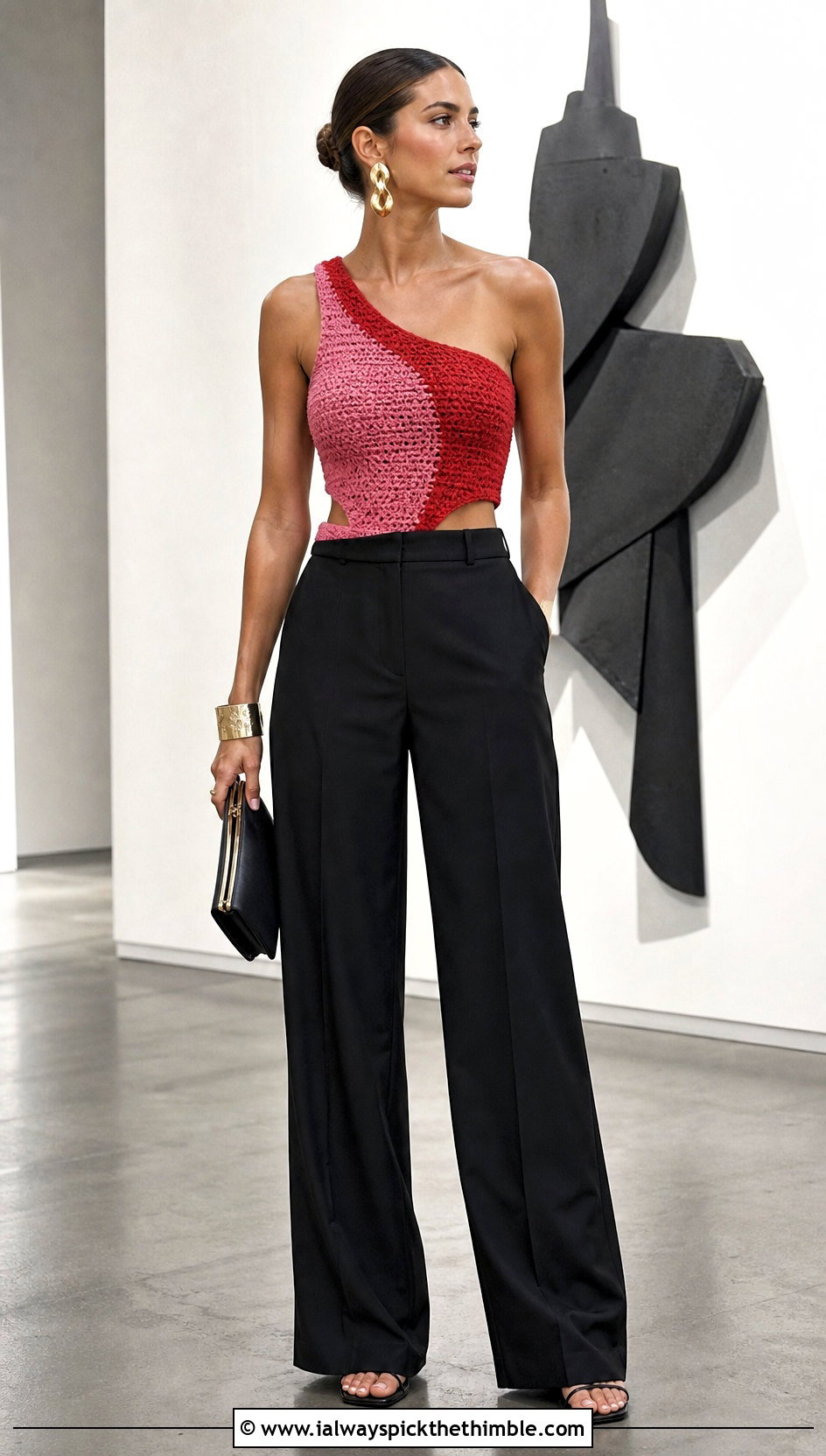 One Shoulder Crochet Top With Wide Leg Suit Pants - 20 2 Color Crochet Top outfit ideas