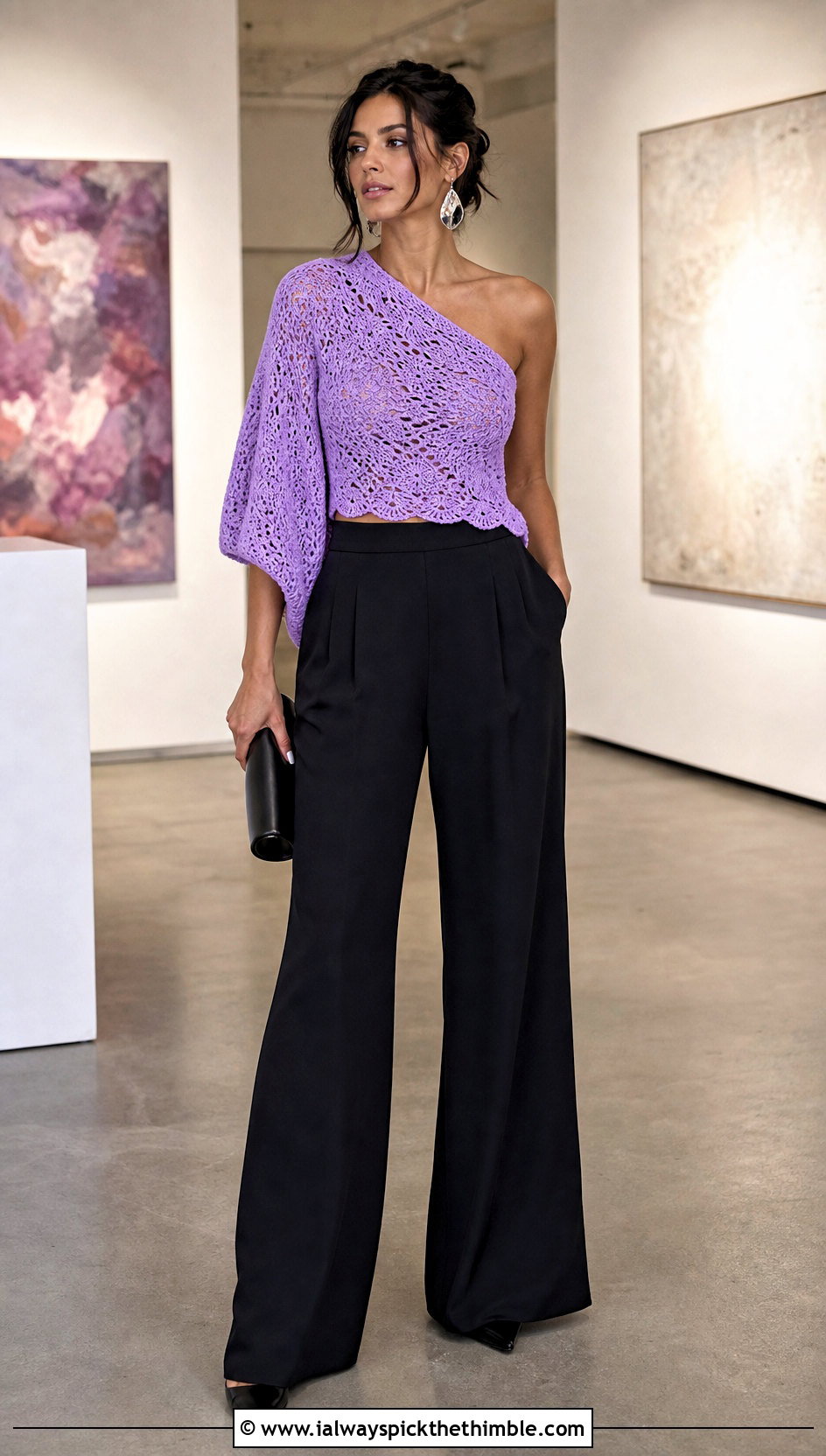 One Shoulder Crochet Top With Wide Leg Trousers - 20 Crochet Spring Top outfit ideas