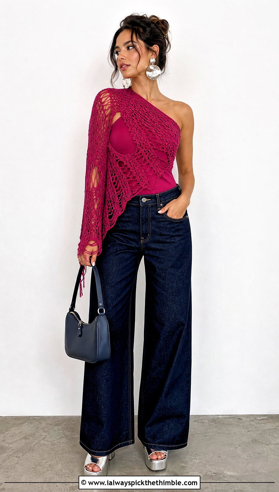One Shoulder Distressed Crochet Top With Wide Leg Jeans - 25 Distressed Crochet Top outfit ideas