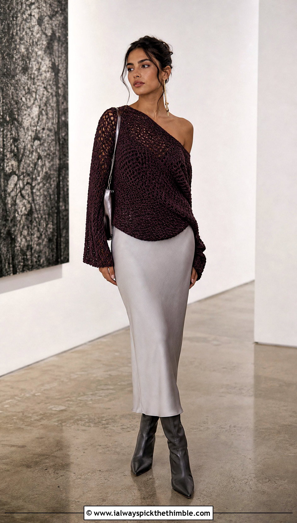 One Shoulder Draped Crochet Sweater With Column Skirt - 25 off shoulder crochet sweater outfit ideas