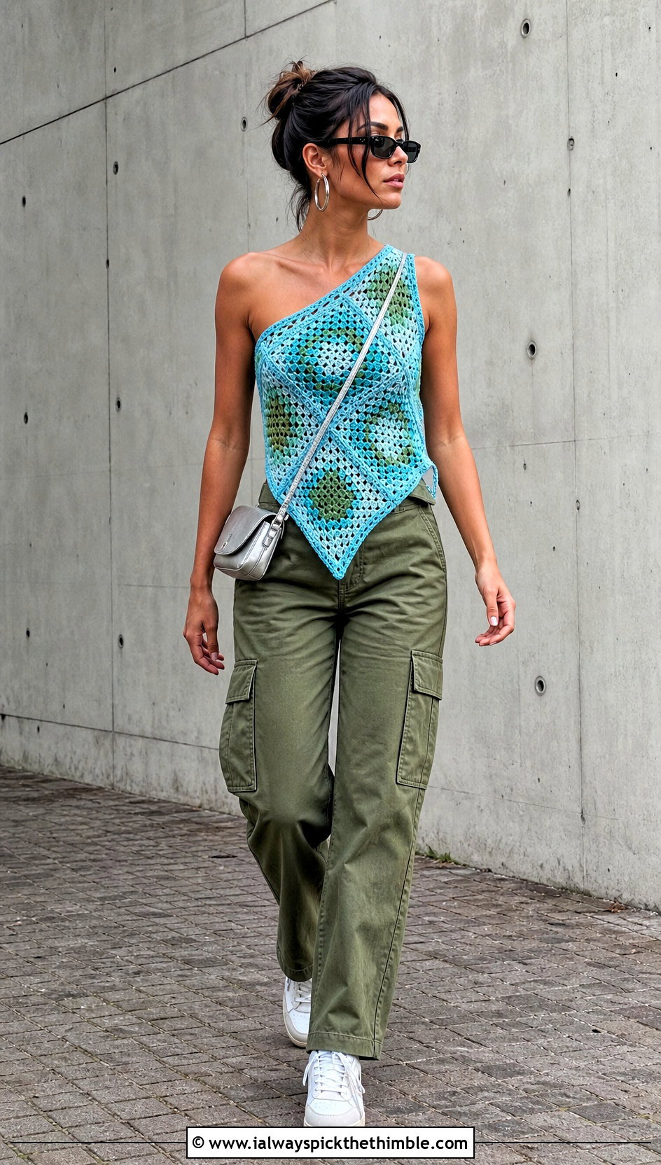 One Shoulder Granny Square Top With Cargo Pants - 20 Crochet Granny Square Tops For Women outfit ideas