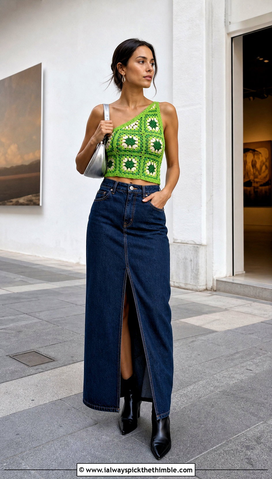 One Shoulder Granny Square Top With Denim Maxi Skirt - 25 granny square top outfit ideas
