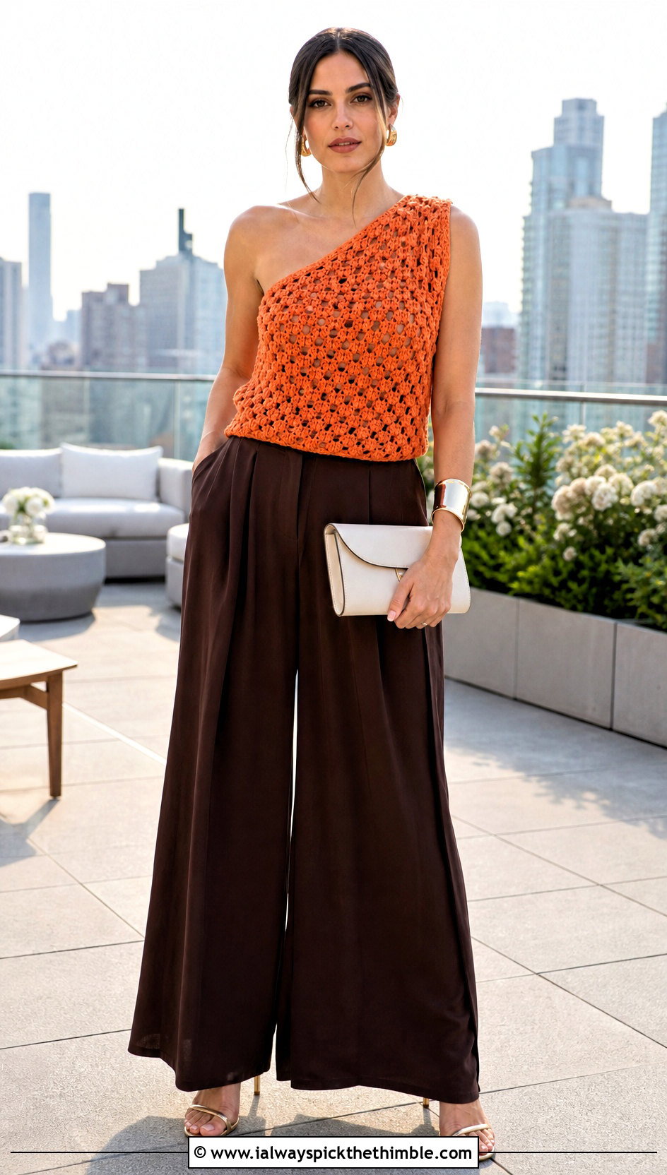 One Shoulder Granny Stitch Top With Palazzo Pants - 25 crochet granny stitch top outfit ideas