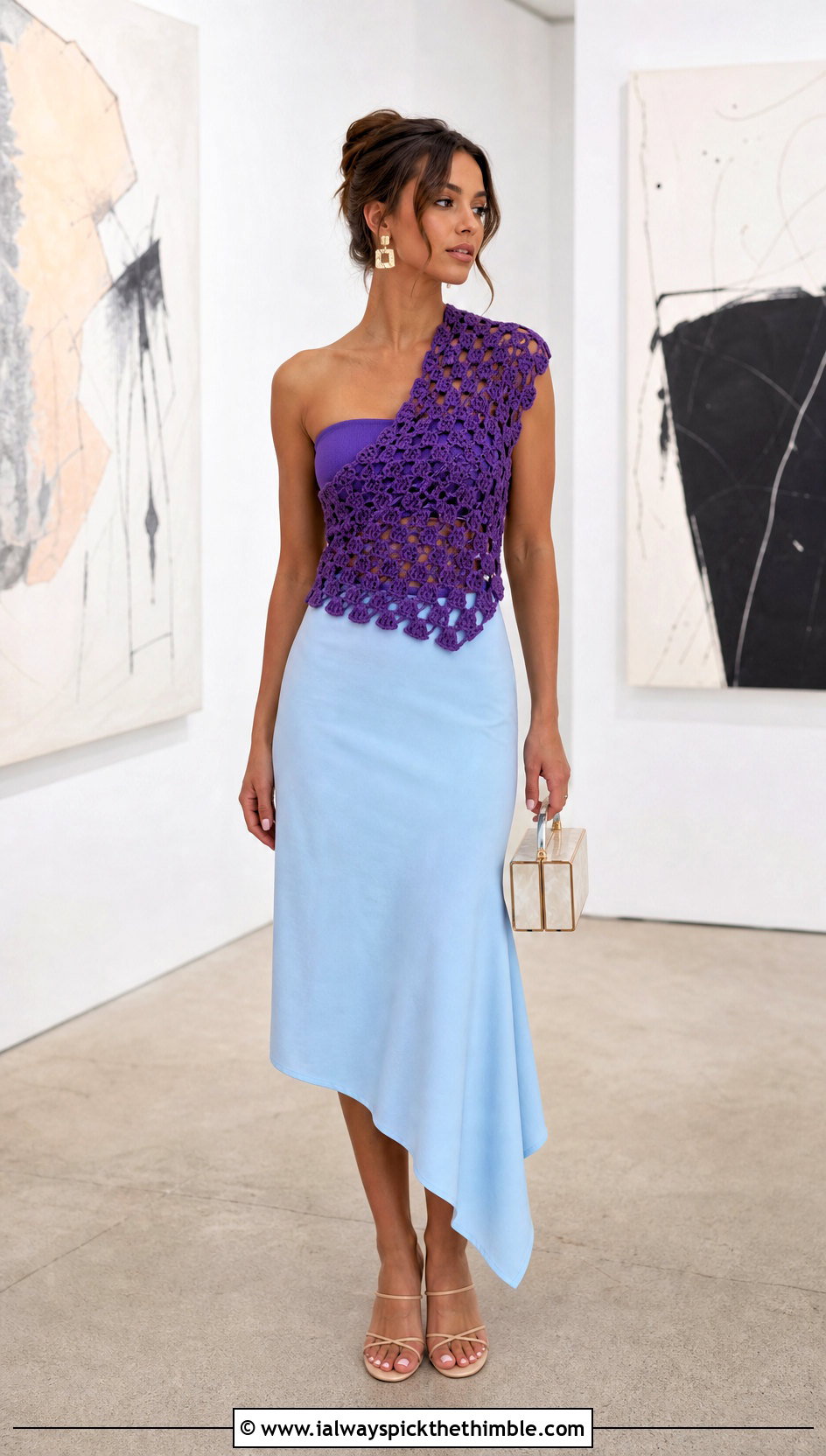 One Shoulder Granny Triangle Top With Asymmetric Skirt - 20 crochet granny triangle top outfit ideas