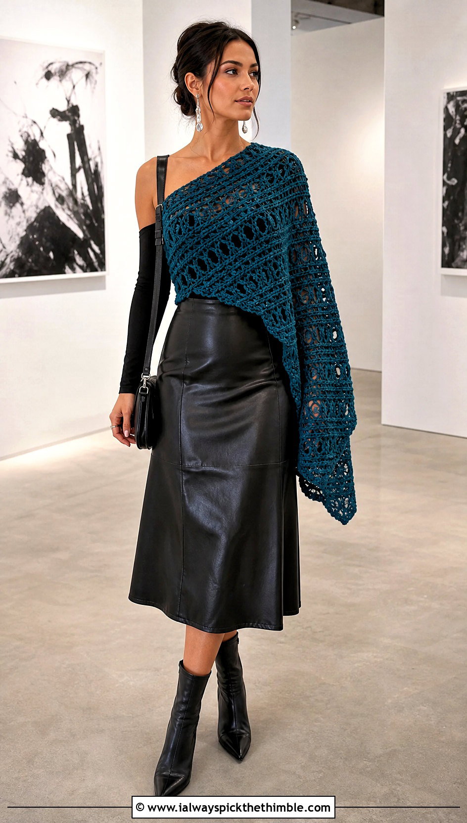 One Shoulder Katniss Shawl With Leather Midi Skirt - 20 Crochet Katniss Shawl outfit ideas