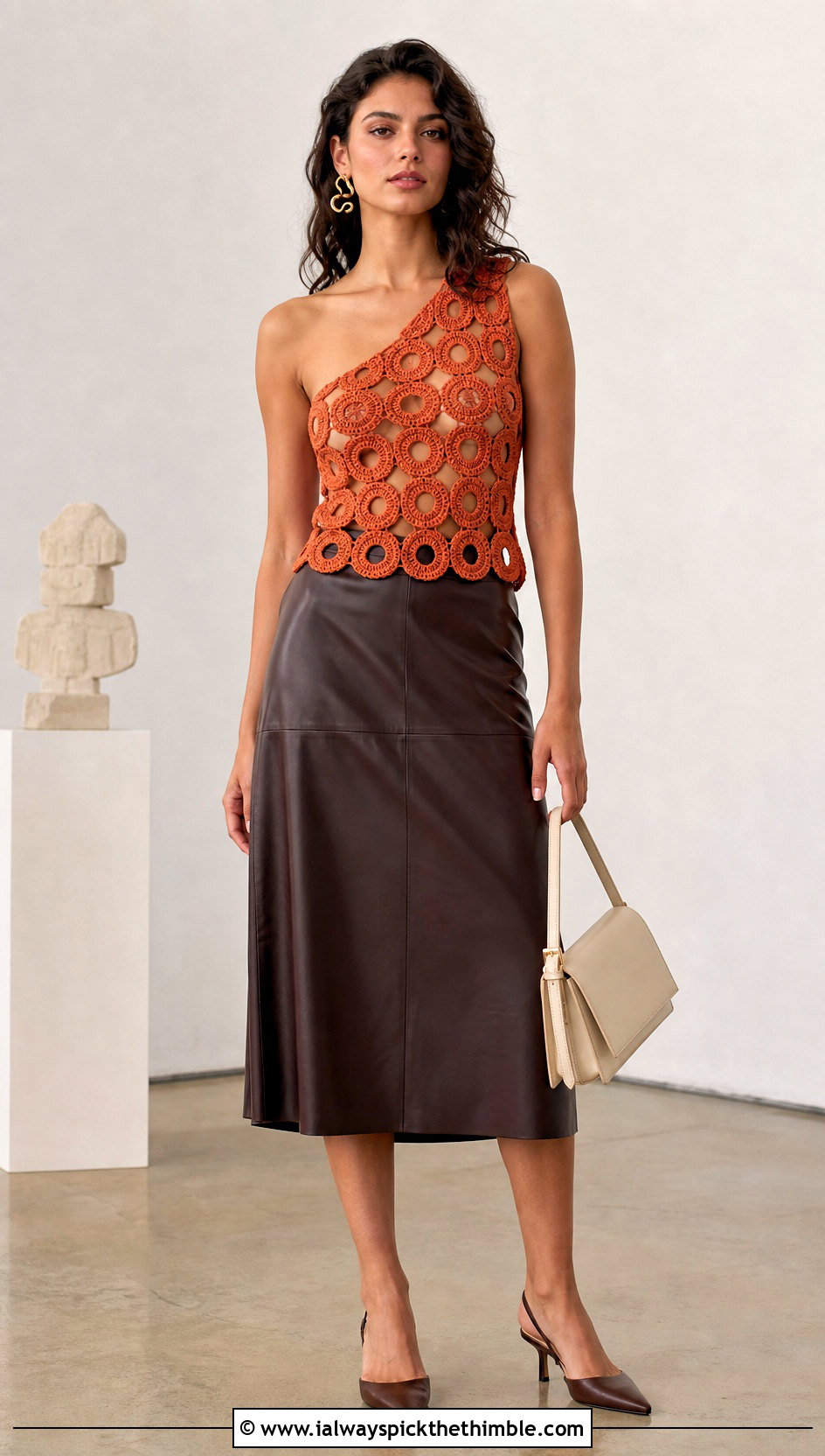 One Shoulder Ring Crochet Top With Leather Midi Skirt - 20 Crochet Top With Ring In The Middle outfit ideas