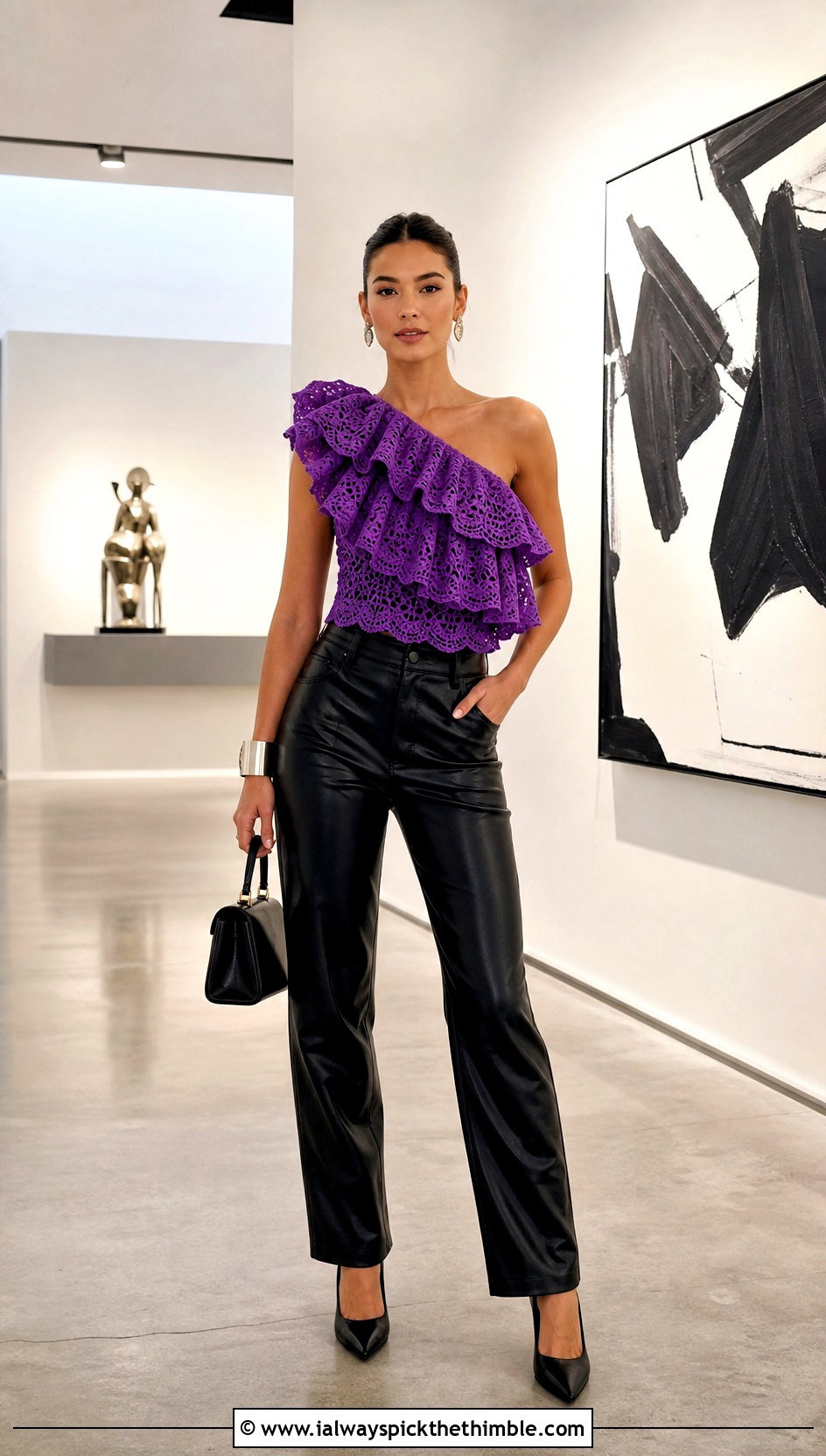 One Shoulder Ruffled Crochet Top With Leather Pants - 20 ruffled crochet top outfit ideas