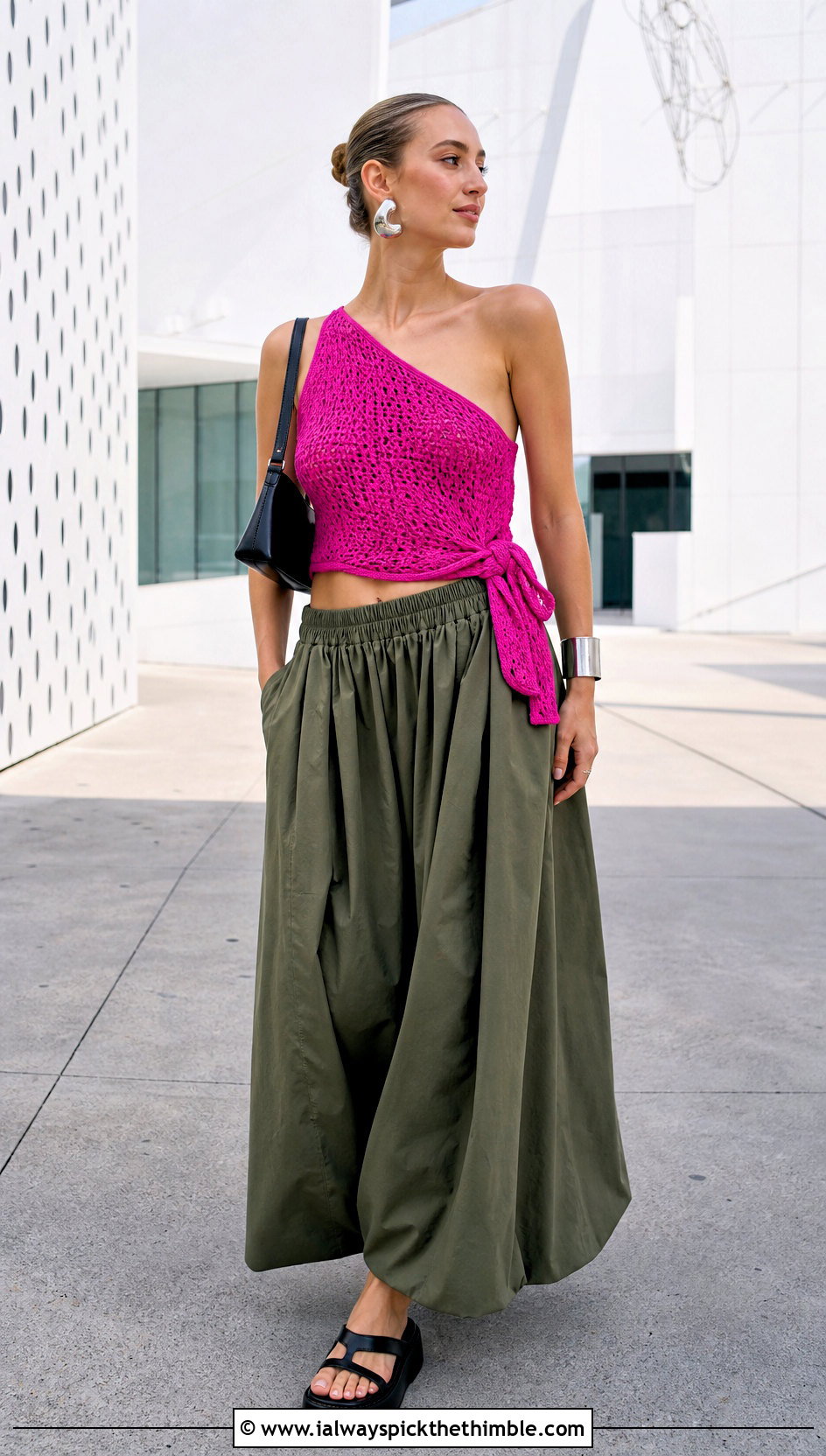 One Shoulder Side Tie Crochet Top With Parachute Skirt - 15 tie up crochet top outfit ideas