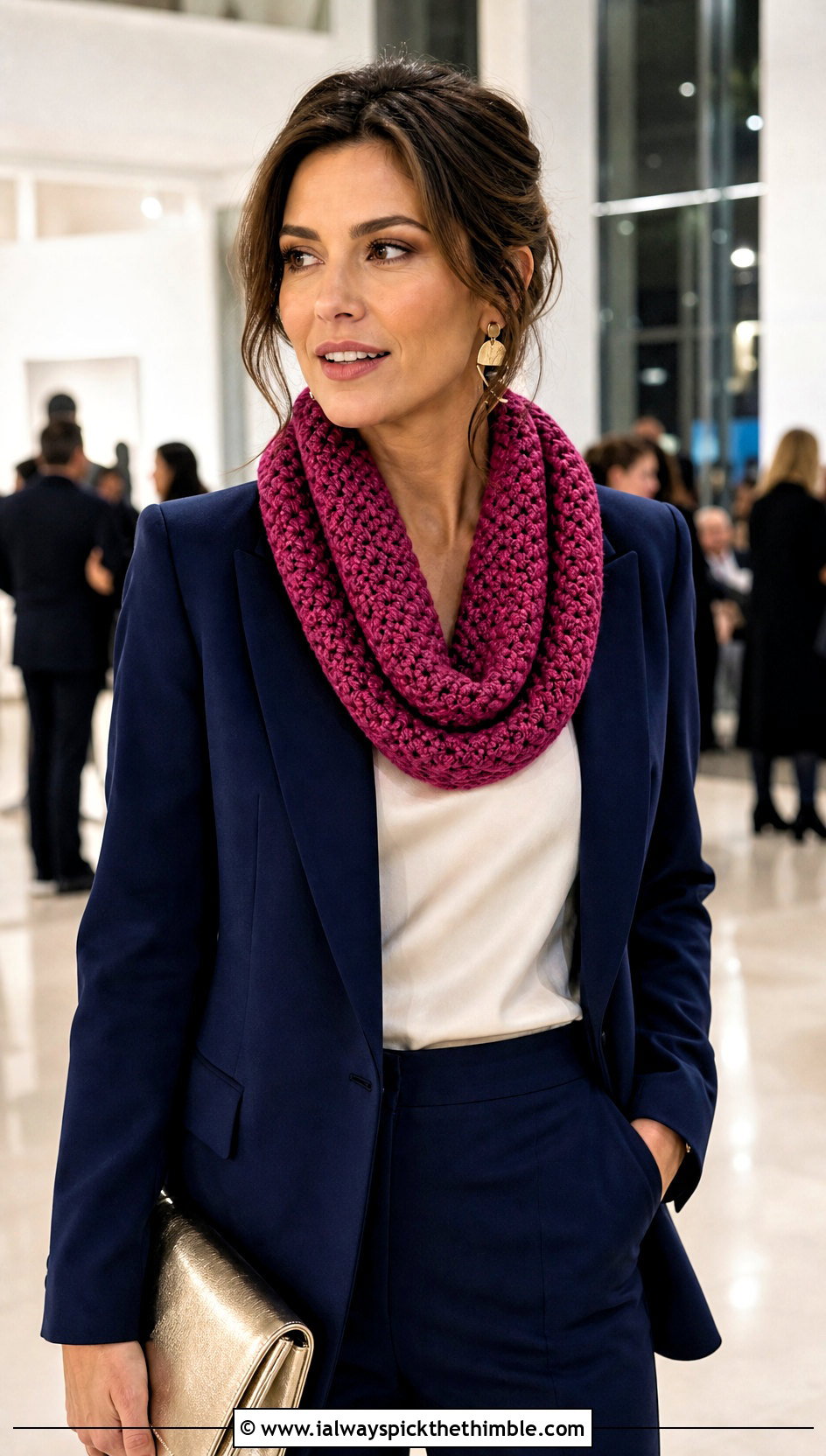 One Skein Infinity Scarf With Evening Suit - 20 Beginner Crochet Infinity Scarf outfit ideas