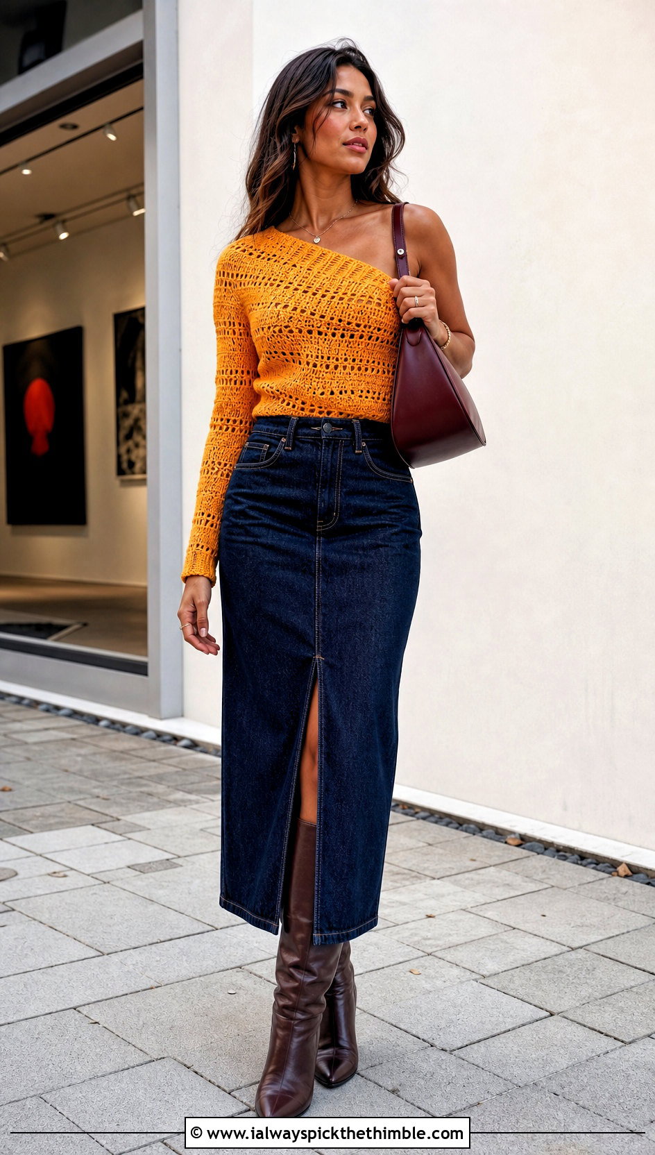 One Sleeve Crochet Top With Denim Midi Skirt - 25 one shoulder crochet top outfit ideas