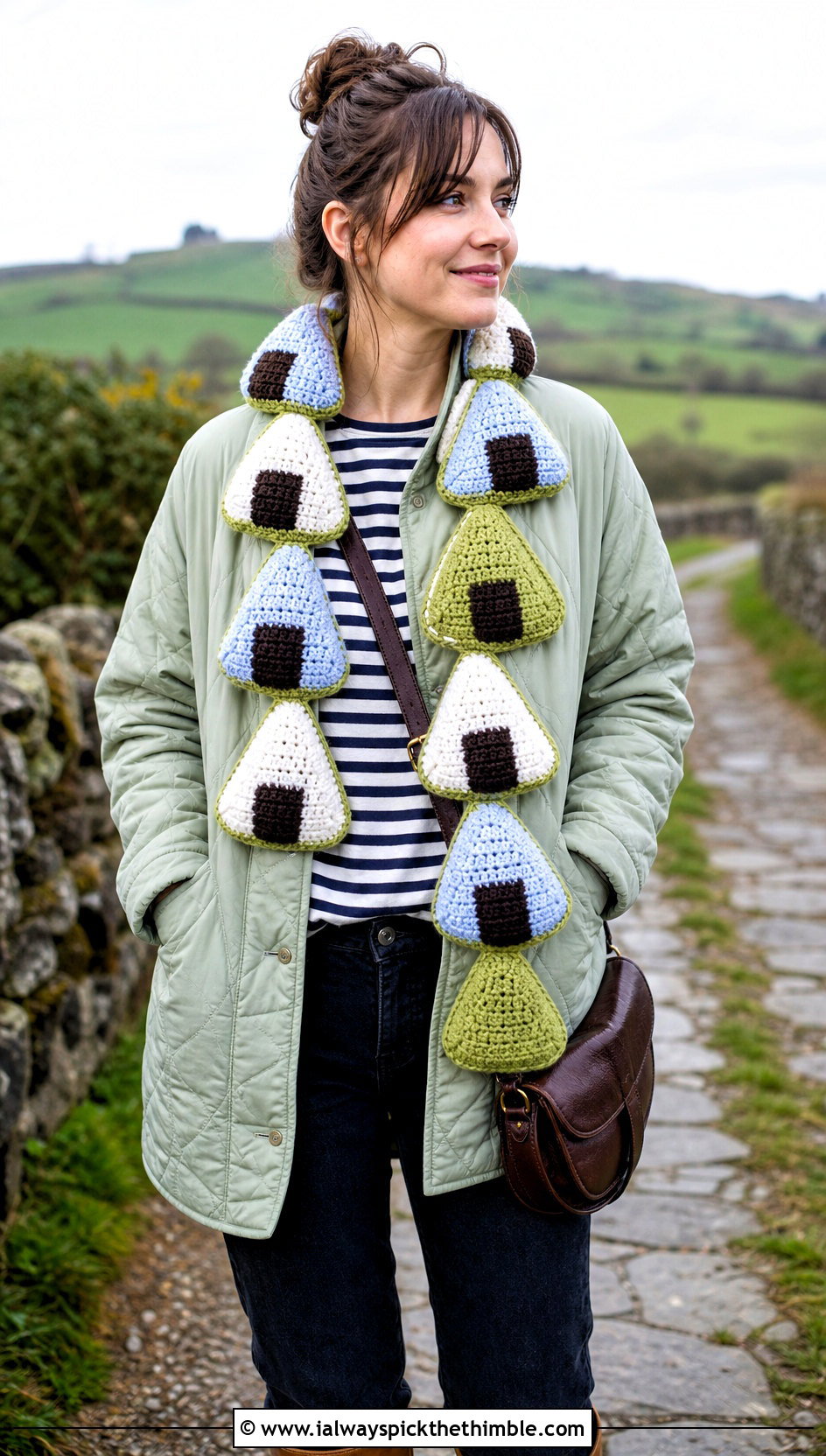 Onigiri Crochet Sushi Scarf With Quilted Jacket - 20 crochet sushi scarf outfit ideas