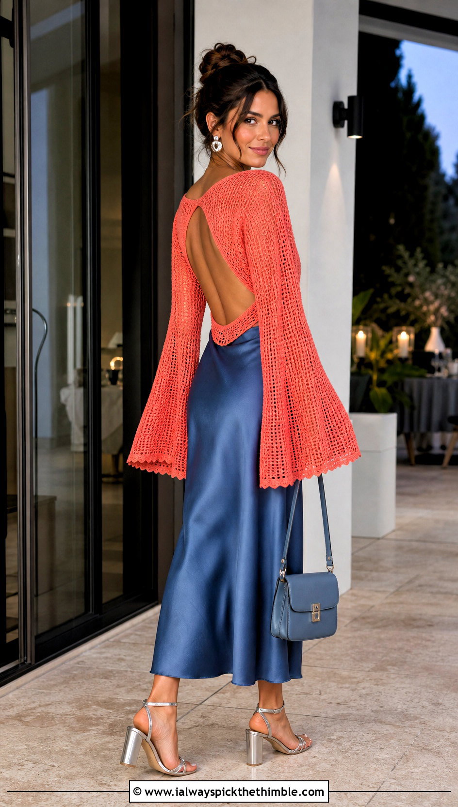 Open Back Bell Sleeve Crochet Sweater With Slip Dress - 20 bell sleeve crochet sweater outfit ideas