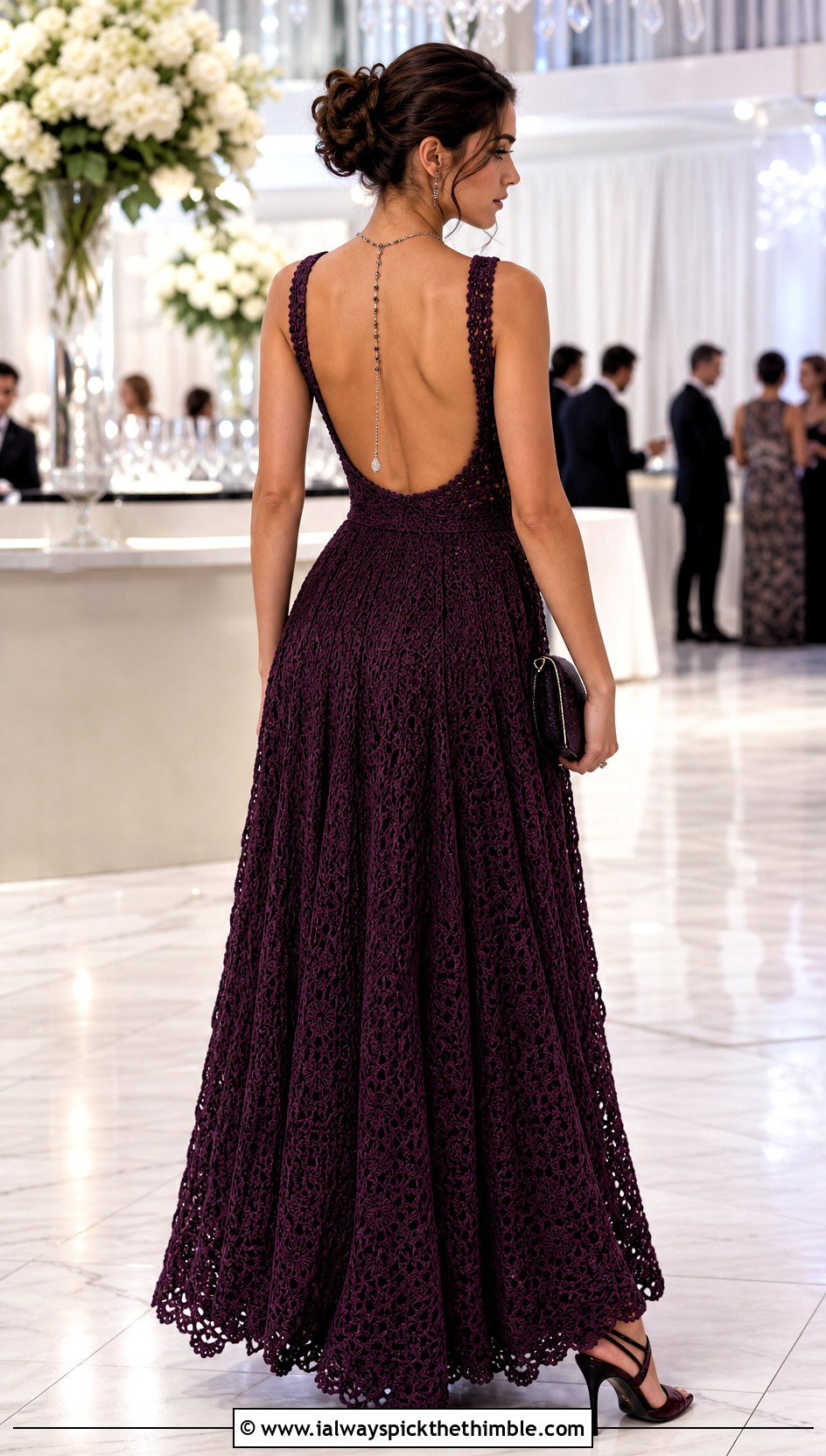 Open Back Crochet Ball Gown With Back Drop Necklace - 20 Crochet Ball Gown outfit ideas