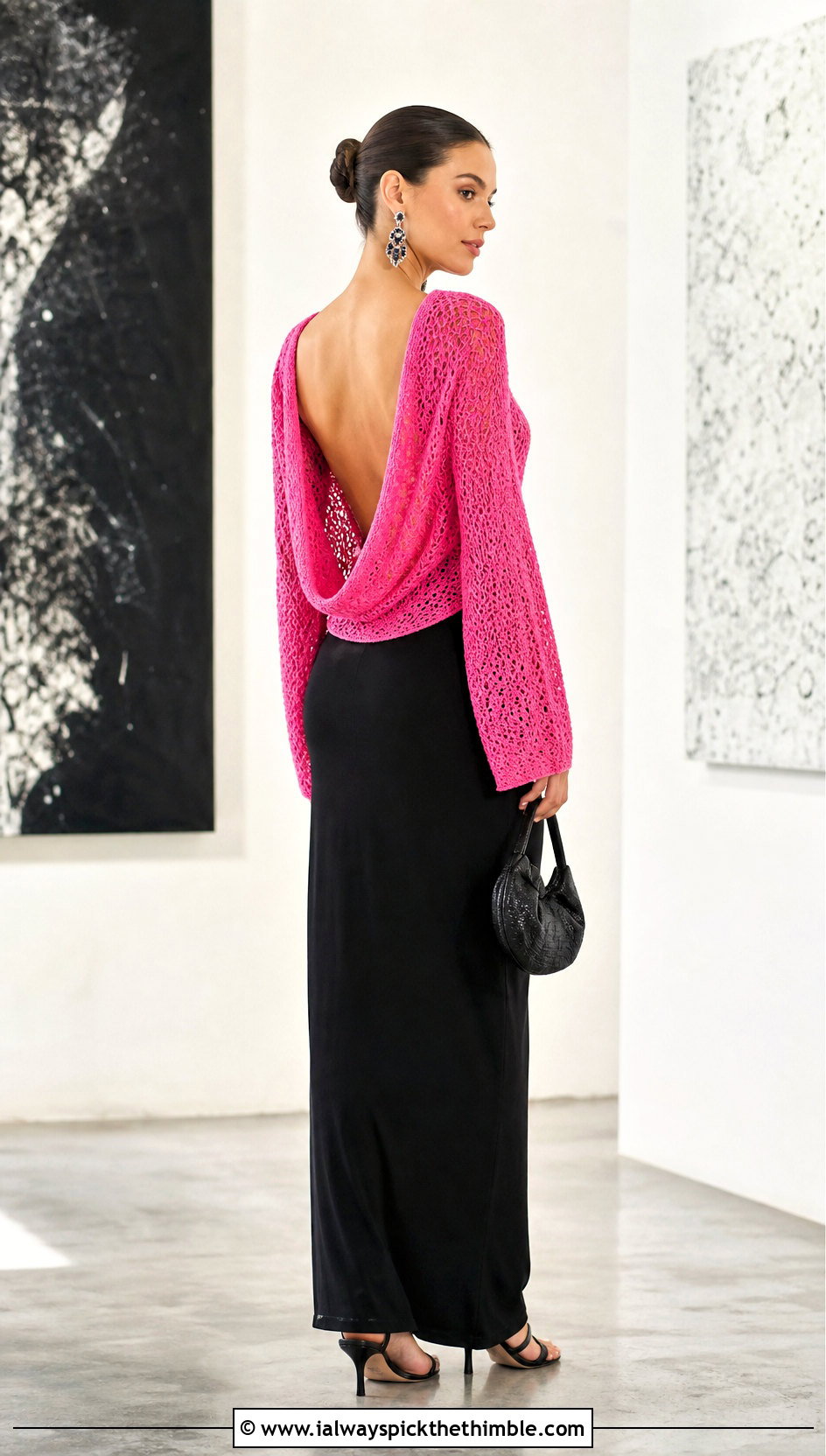Open Back Crochet Cowl Neck Sweater With Maxi Skirt - 20 Crochet Cowl Neck Sweater outfit ideas