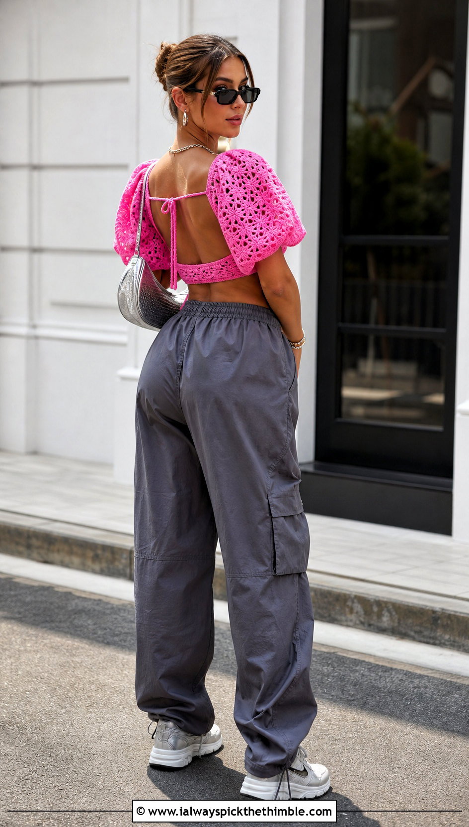 Open Back Crochet Puff Sleeve Top With Parachute Pants - 25 crochet puff sleeve top outfit ideas