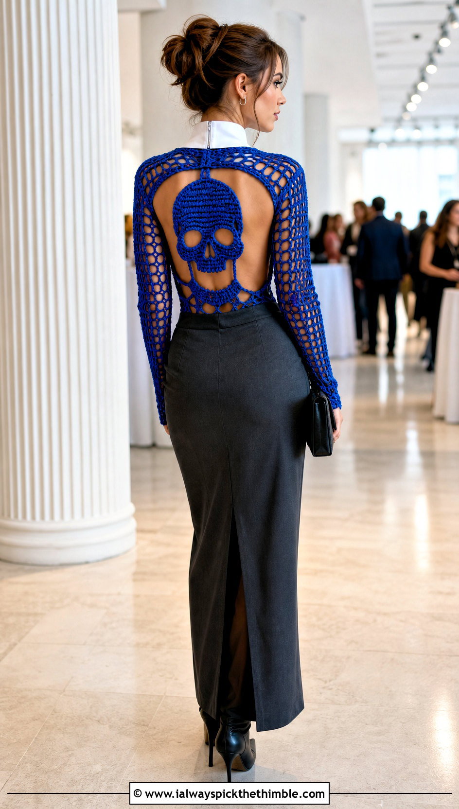 Open Back Crochet Skull Sweater With Tailored Maxi Skirt - 25 crochet skull sweater outfit ideas