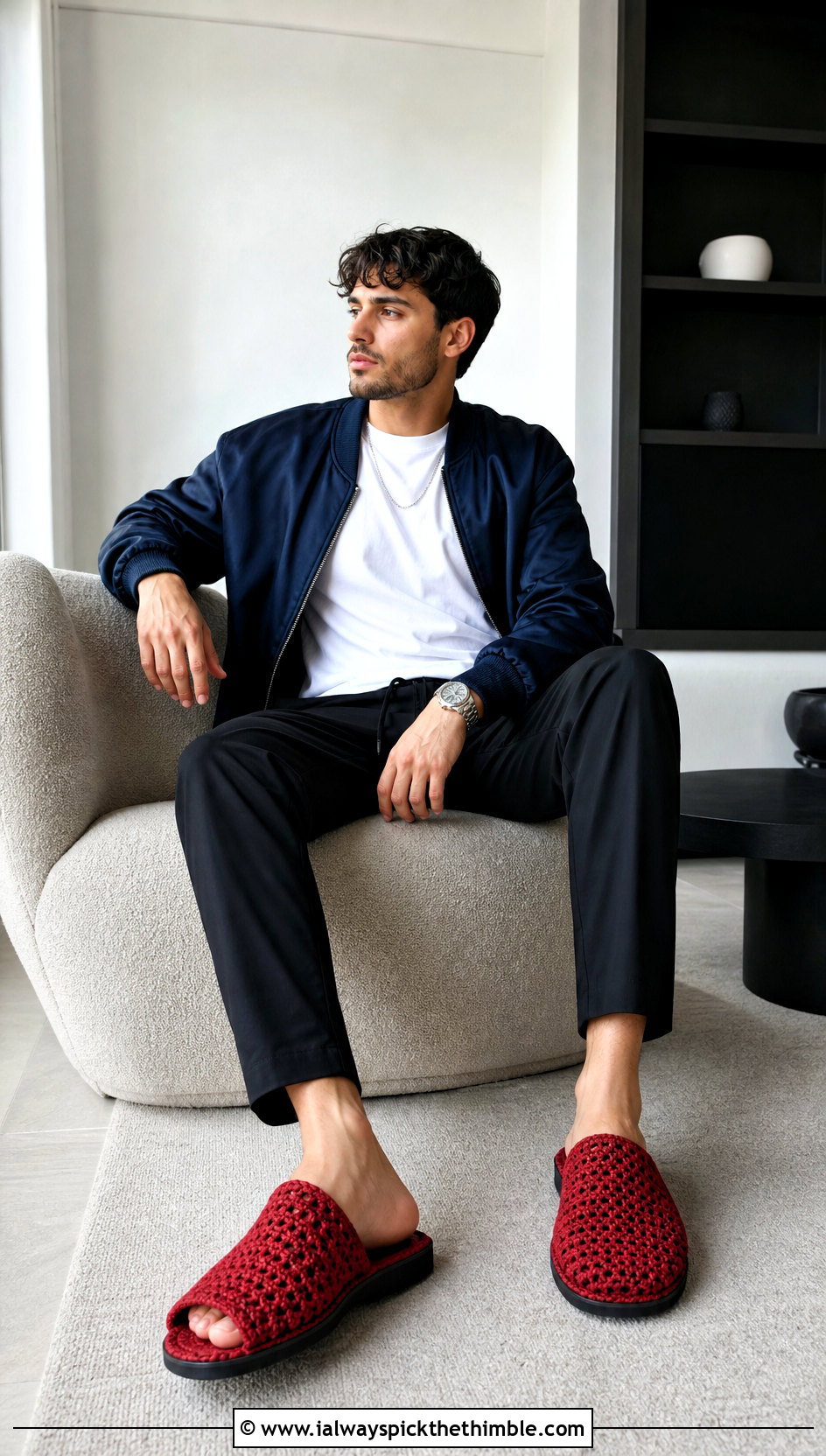 Open Back Crochet Slide Slippers With Satin Bomber Outfit - 20 crochet slippers for men outfit ideas
