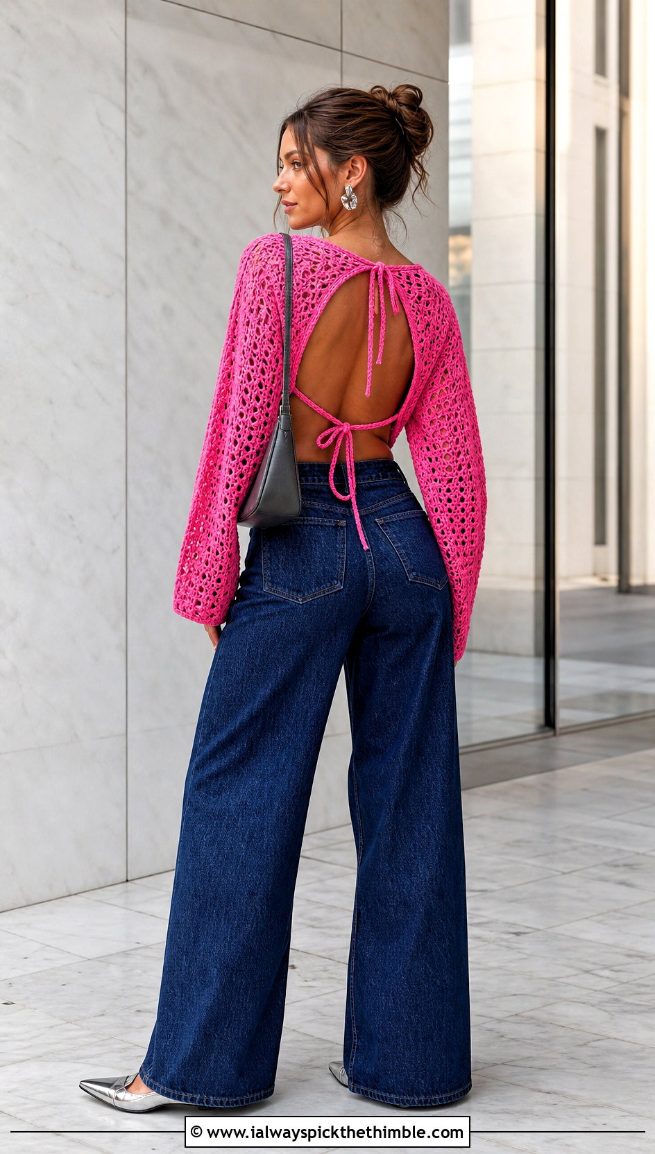 Open Back Crochet Sweater With Wide Leg Jeans - 15 Summer Style Crochet Sweater outfit ideas