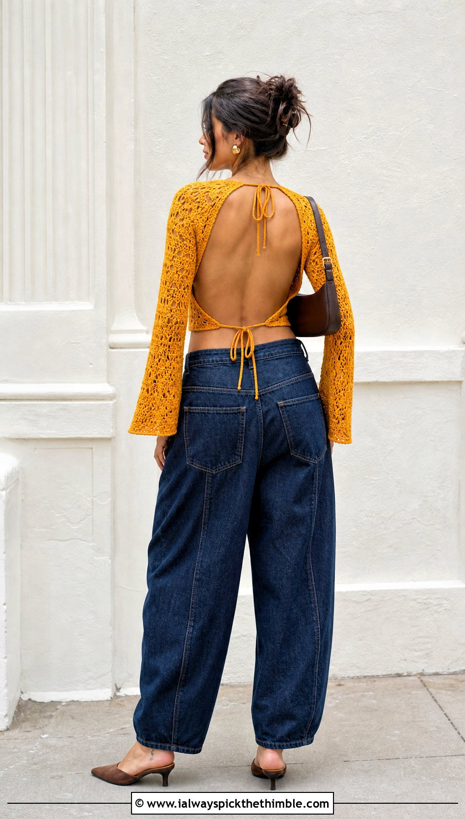 Open Back Crochet Top With Barrel Jeans - 25 crochet tops with sleeves outfit ideas