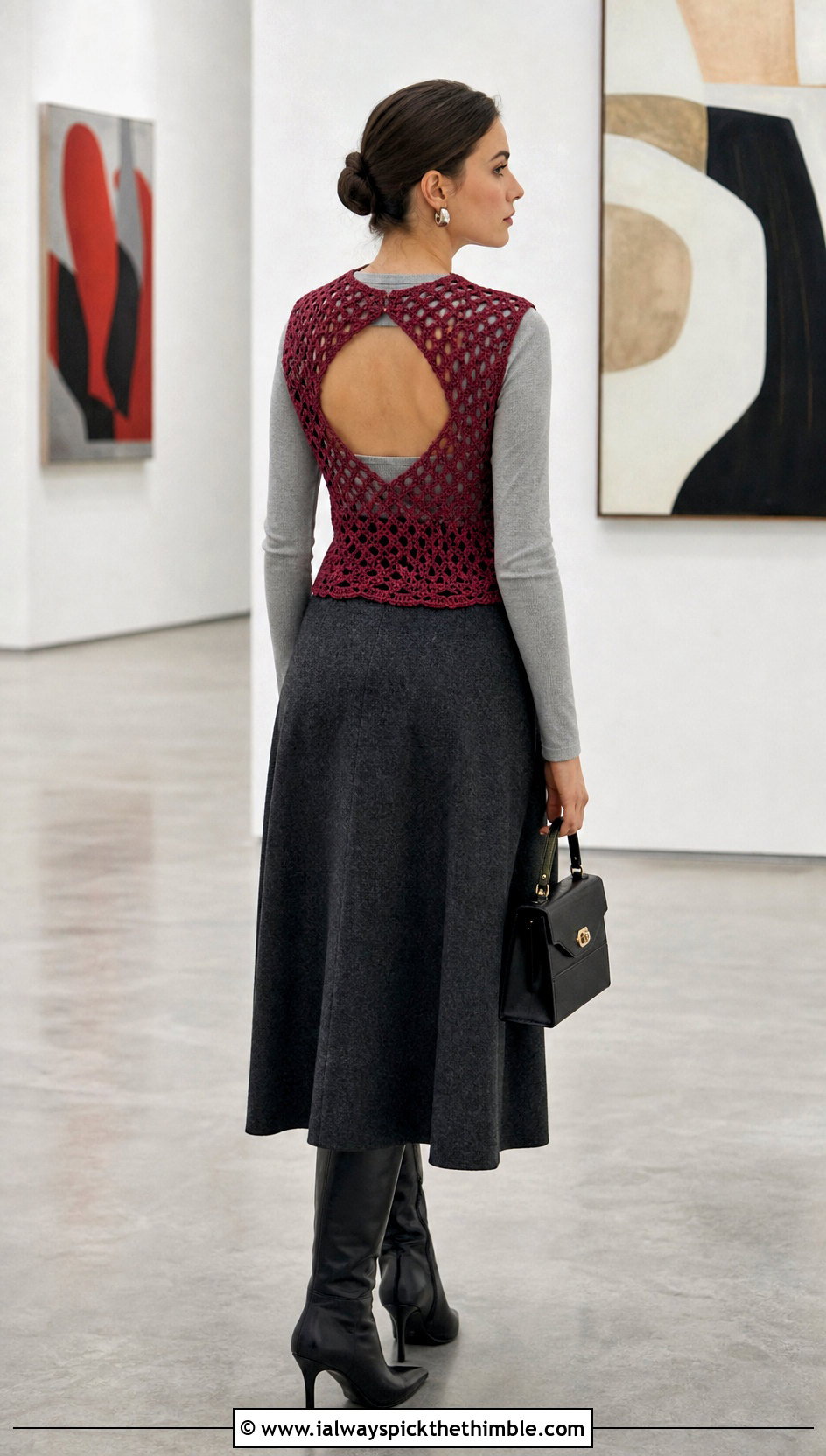Open Back Crochet Top With Wool Midi Skirt - 20 crochet fall tops outfit ideas