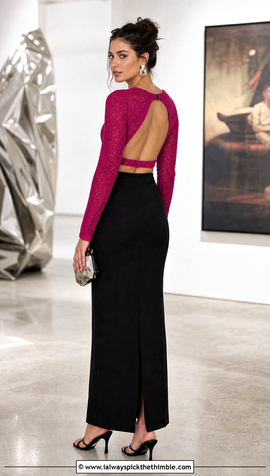 Open Back Cropped Crochet Sweater With Tailored Maxi Skirt - 25 crochet cropped sweater outfit ideas