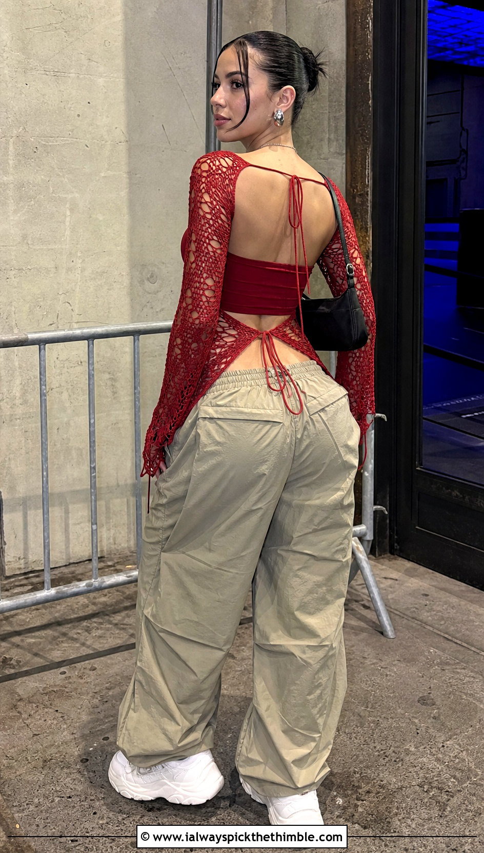 Open Back Distressed Crochet Top With Parachute Pants - 25 Distressed Crochet Top outfit ideas