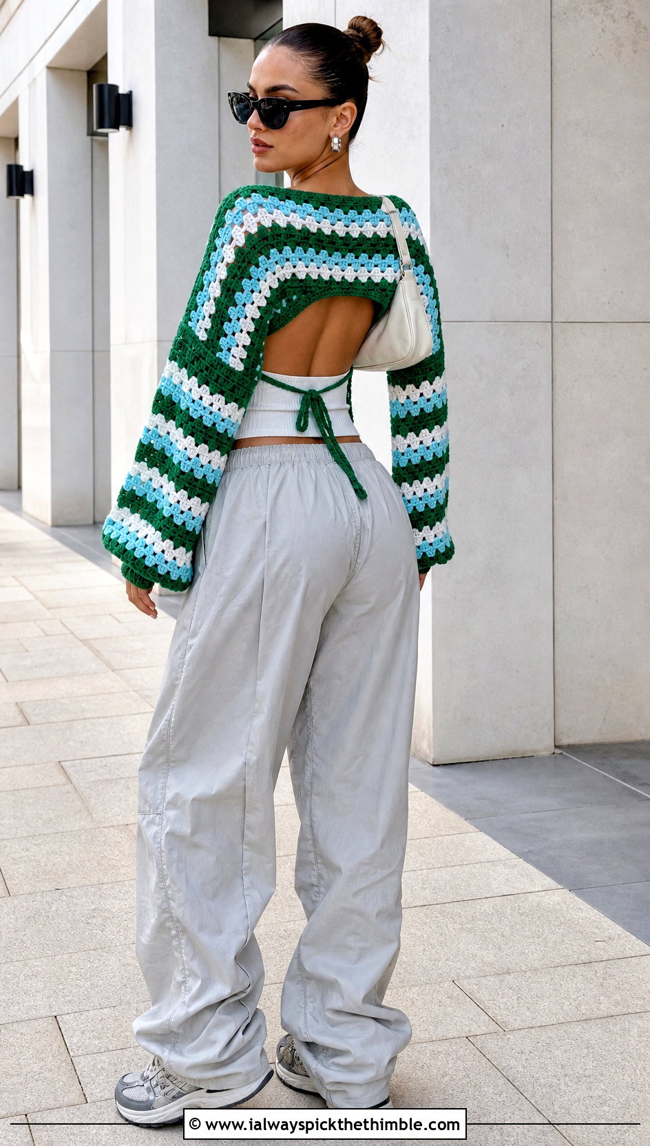 Open Back Granny Stripe Crochet Sweater With Parachute Pants - 20 Granny Stripe Crochet Sweater outfit ideas