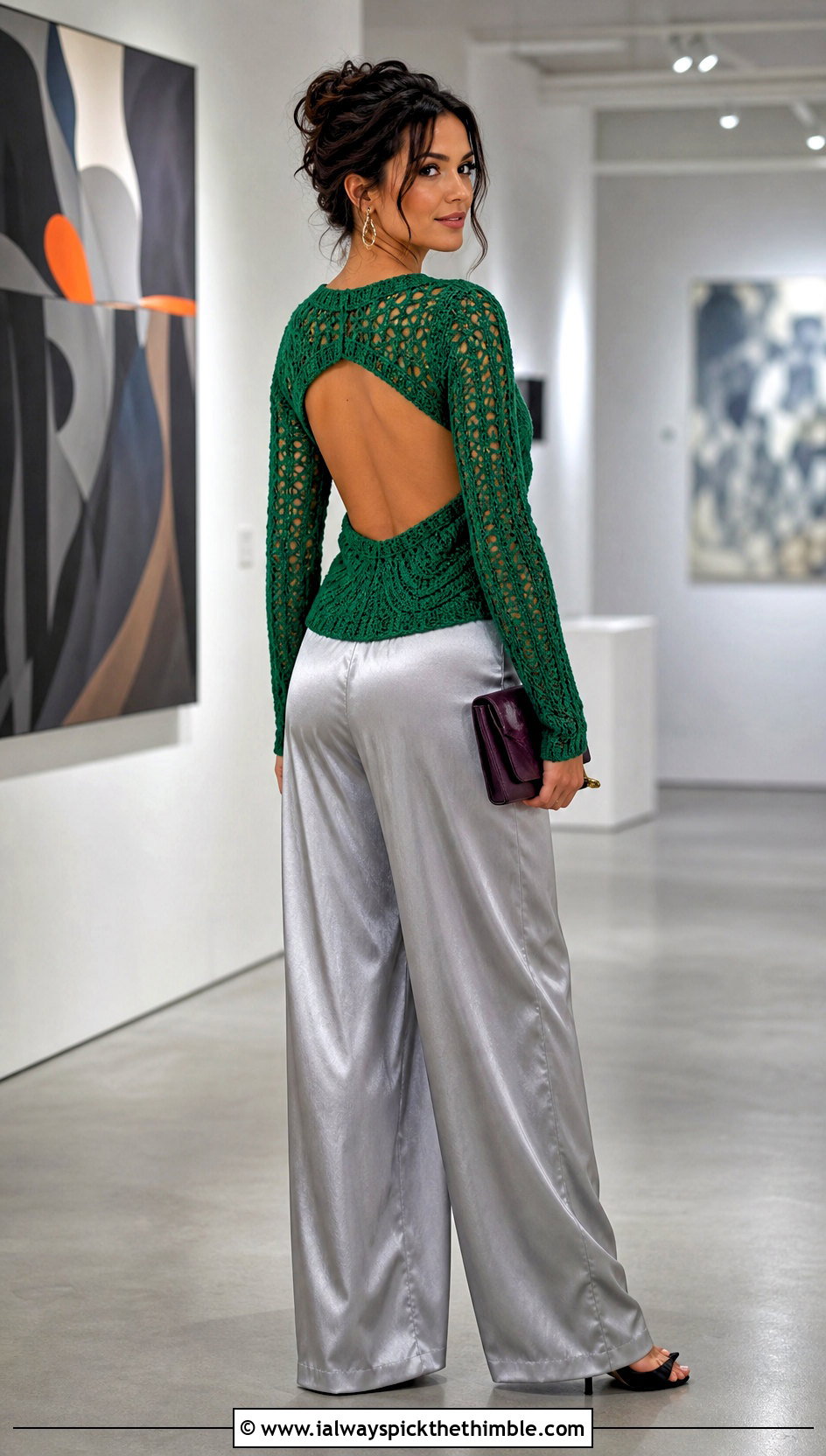 Open Back Green Crochet Sweater With Satin Pants - 25 green crochet sweater outfit ideas