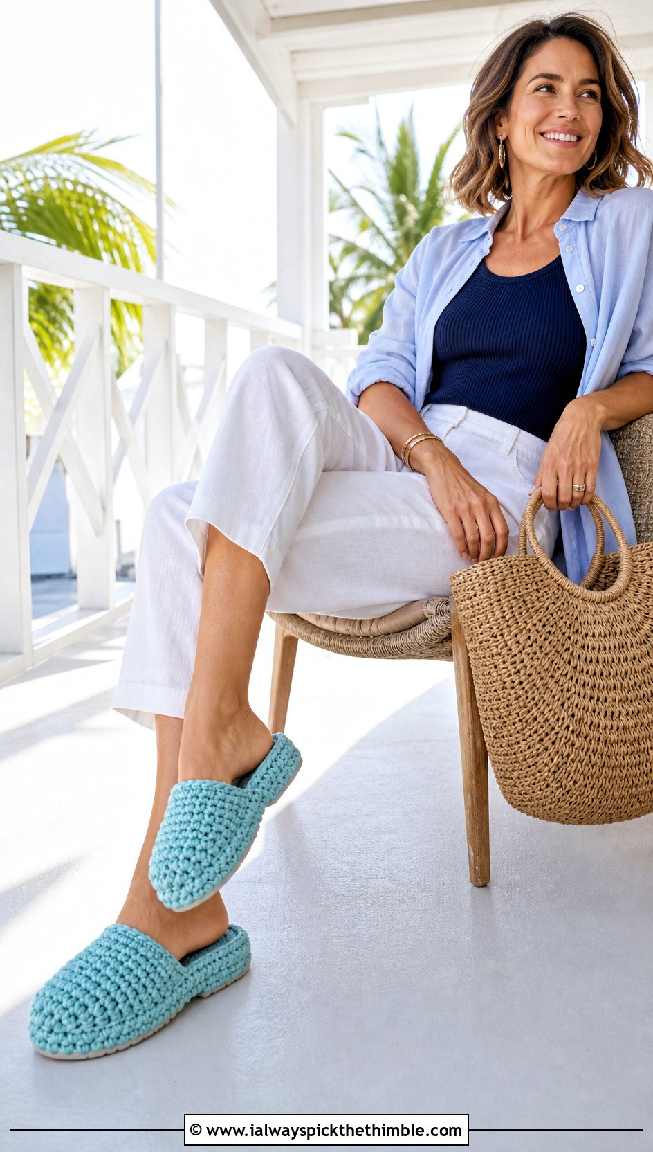 Open Back Mule Chunky Yarn Crochet Slippers With Linen Pants - 15 Crochet Slippers Chunky Yarn outfit ideas