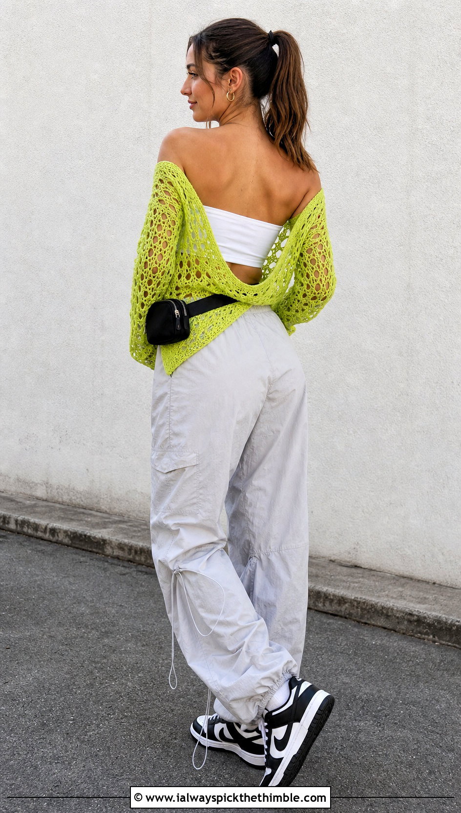 Open Back Off The Shoulder Crochet Sweater With Parachute Pants - 20 off the shoulder crochet sweater outfit ideas