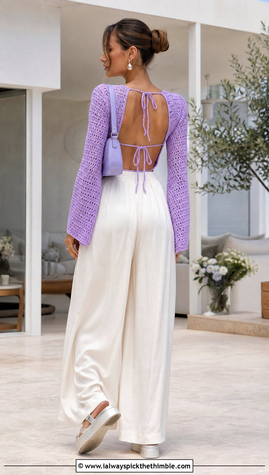 Open Back Tie Crochet Crop Sweater With Palazzo Pants - 25 crochet crop sweater outfit ideas