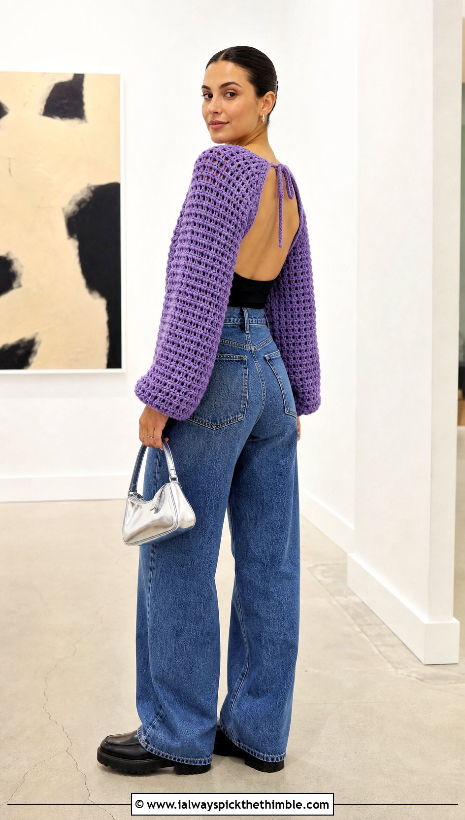 Open Back Waffle Stitch Crochet Sweater With Wide Leg Jeans - 20 waffle stitch crochet sweater outfit ideas