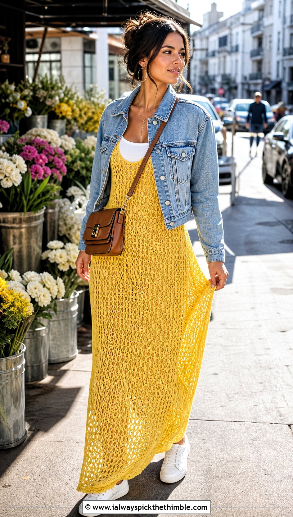 Open Chain Maxi Dress With Denim Jacket - 20 Crochet Chain Dress outfit ideas