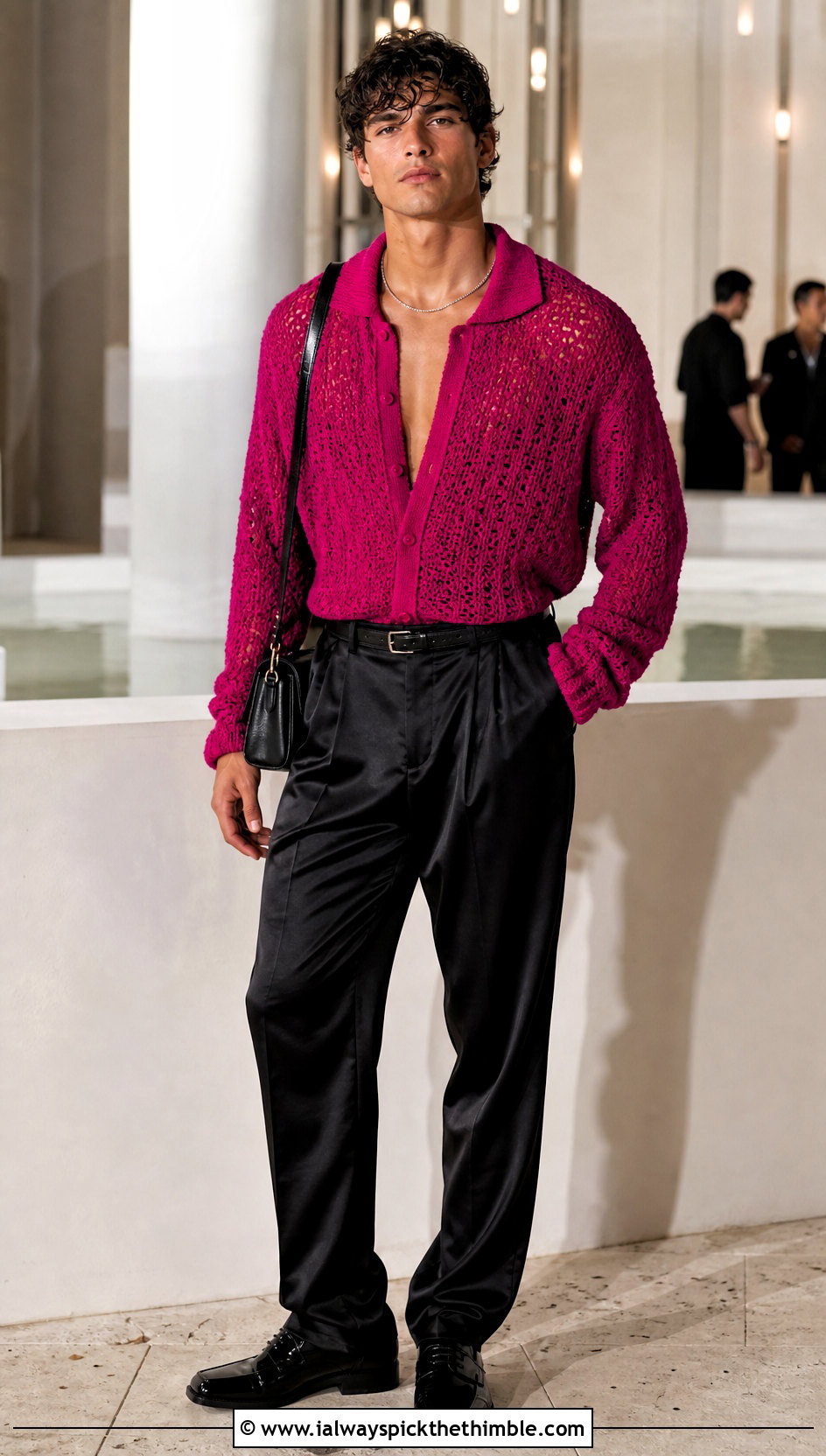 Open Collar Crochet Sweater With Satin Trousers - 20 male crochet sweater outfit ideas