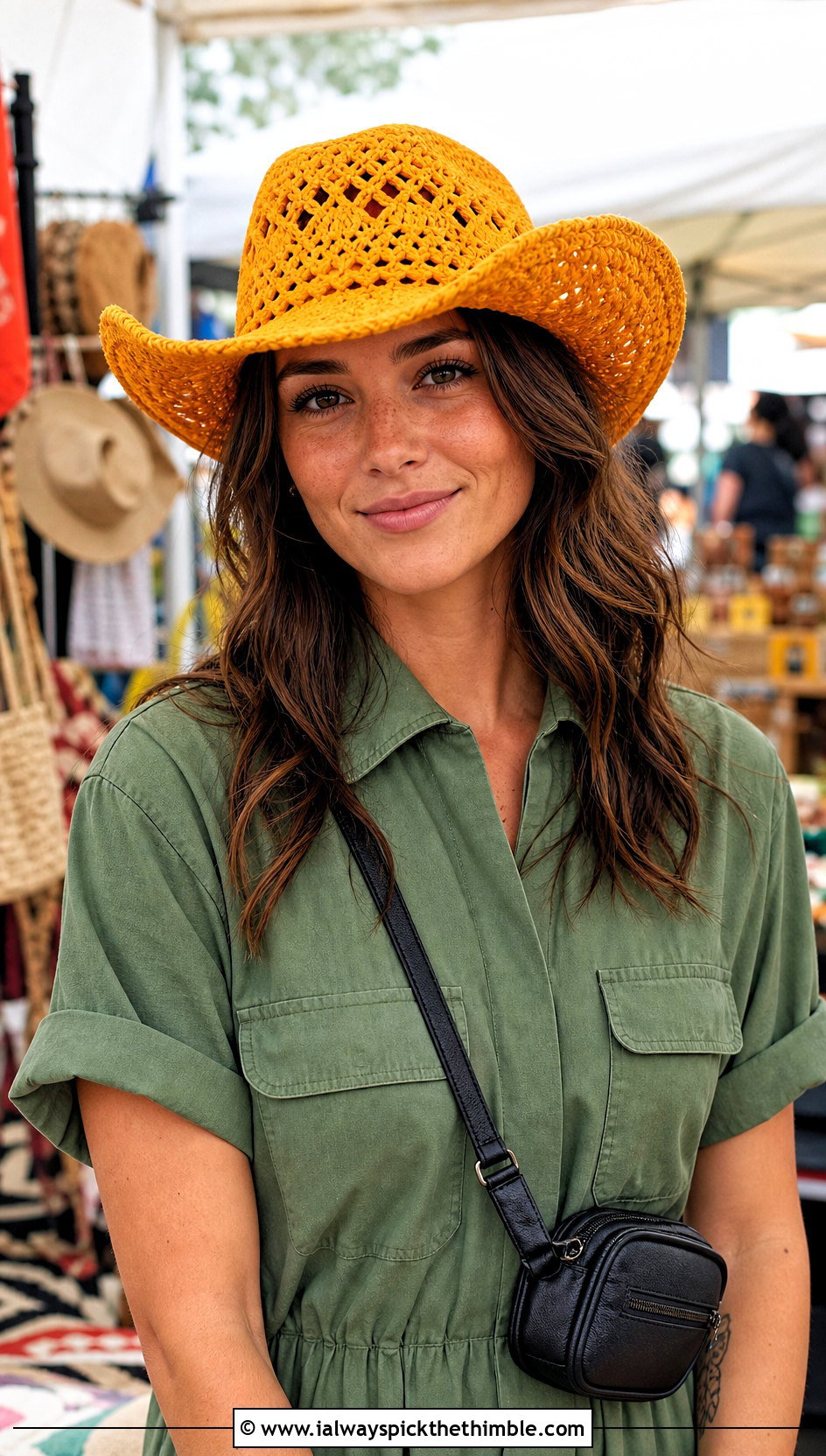 Open Crown Crochet Cowboy Hat With Utility Dress - 25 crochet cowboy hat outfit ideas