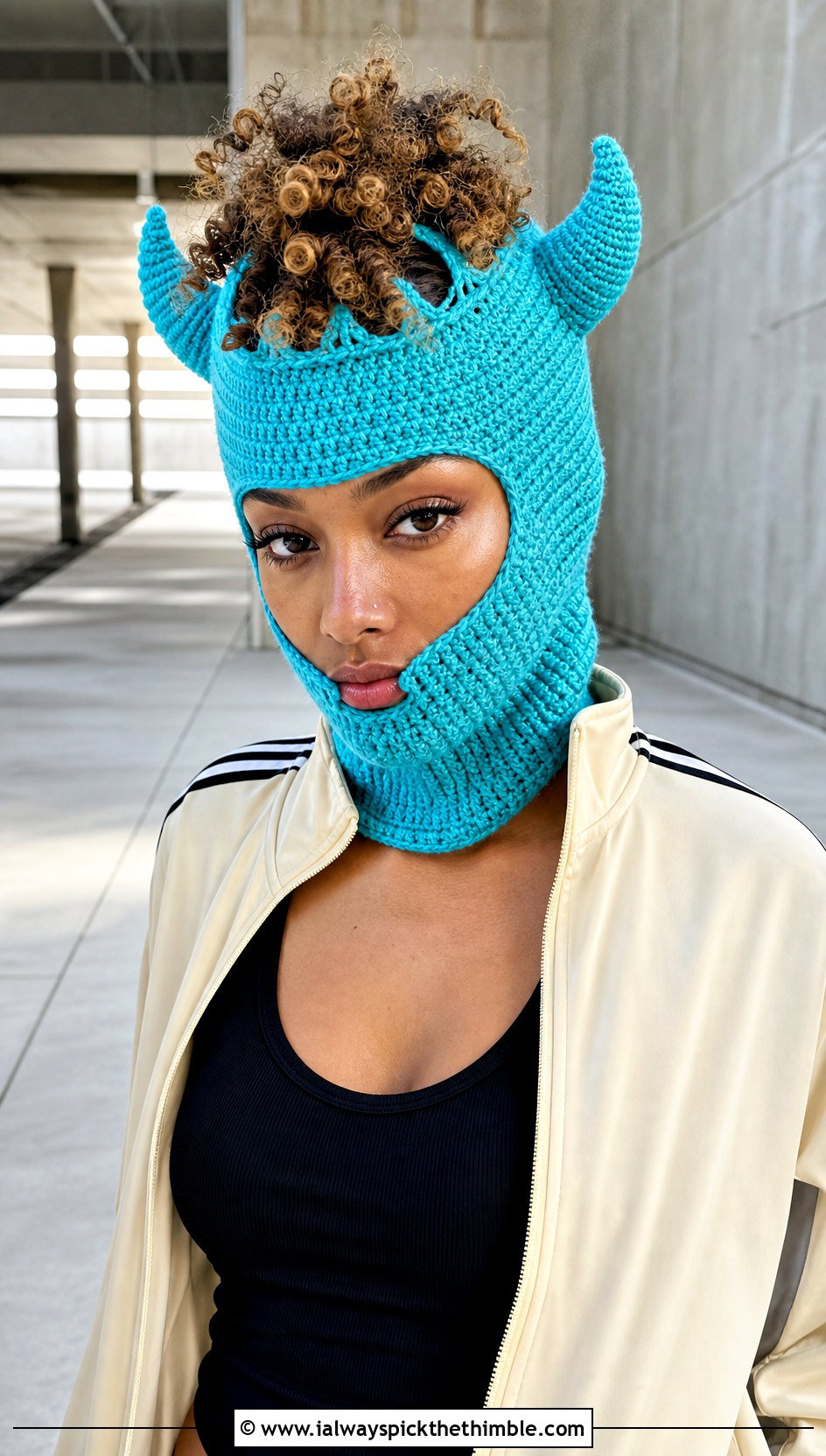 Open Crown Crochet Devil Horn Balaclava With Track Jacket - 20 crochet devil horn balaclava outfit ideas