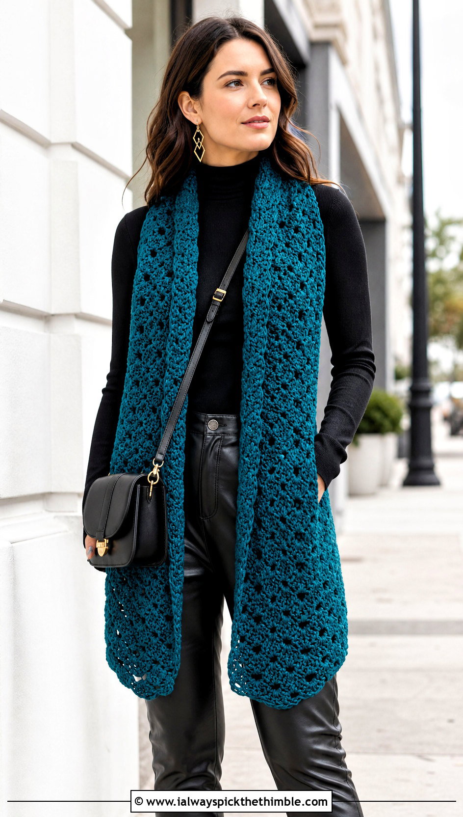 Open Drape Snowfall Crochet Sweater Scarf With Leather Pants - 15 Snowfall Crochet Sweater Scarf outfit ideas