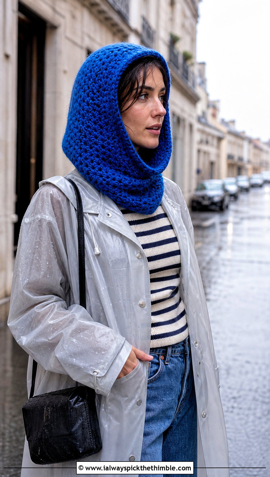 Open Face Crochet Cowl Hat With Raincoat And Wide Leg Jeans - 20 crochet cowl hat outfit ideas