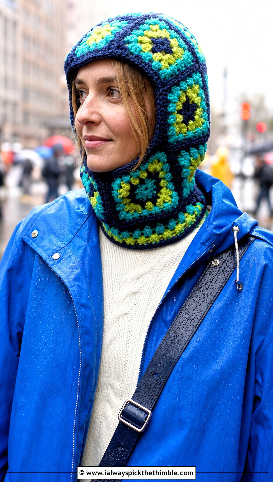 Open Face Granny Square Balaclava With Raincoat And Sneakers - 25 granny square balaclava outfit ideas
