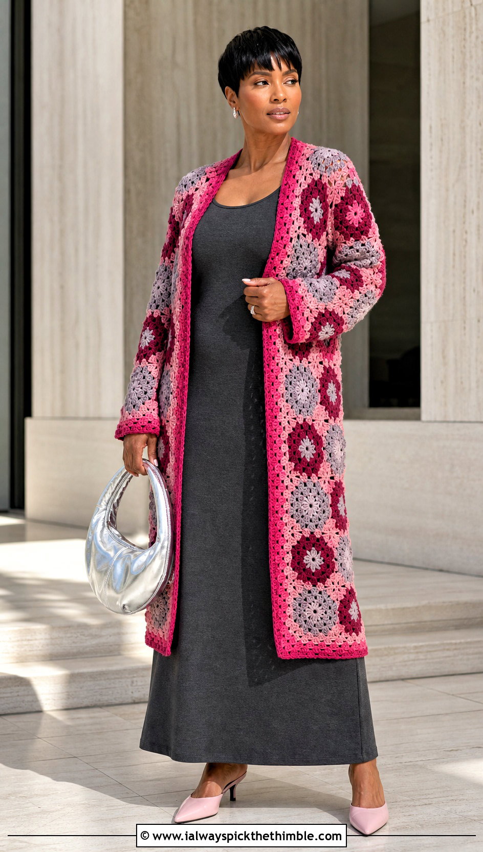 Open Front African Flower Crochet Cardigan With Column Dress - 20 african flower crochet cardigan outfit ideas