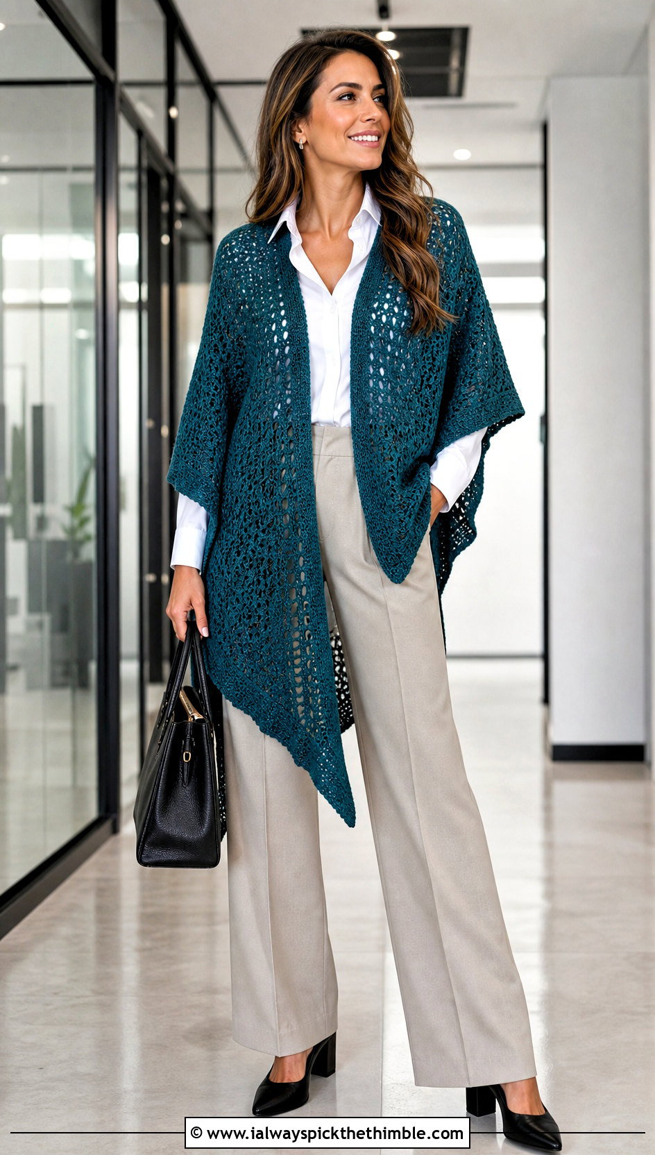 Open Front Asymmetrical Ponchini With Button Down Shirt - 20 Asymmetrical Crochet Poncho outfit ideas