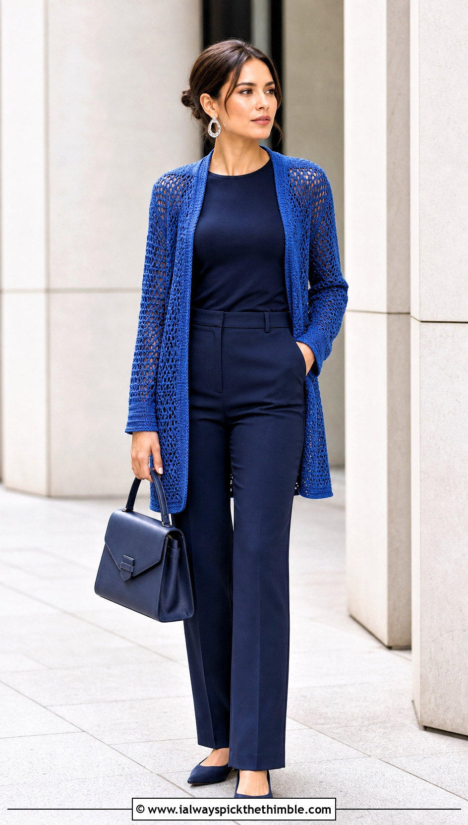 Open Front Blue Crochet Cardigan With Monochrome Outfit - 25 blue crochet cardigan outfit ideas
