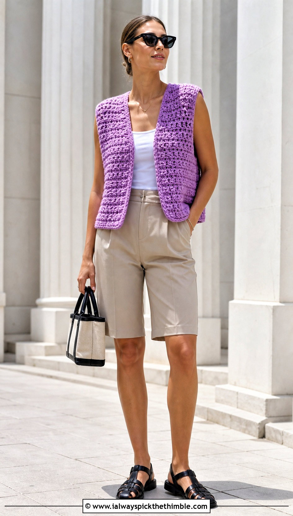 Open Front Chunky Crochet Vest With Tailored Shorts - 20 crochet chunky vest outfit ideas