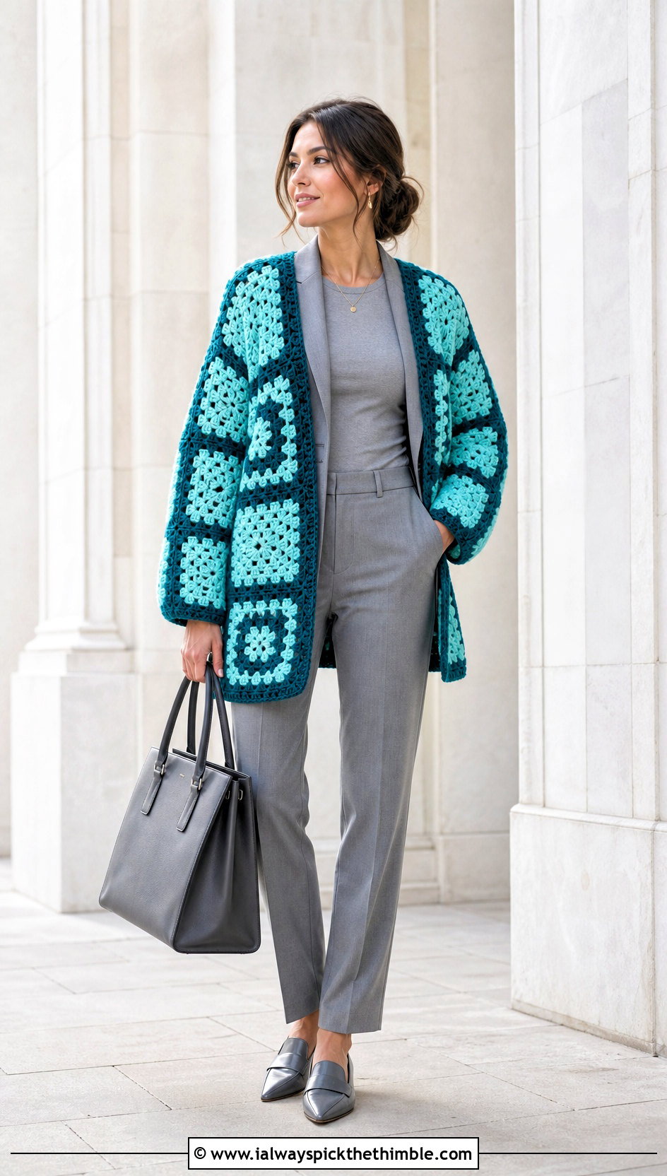 Open Front Chunky Granny Square Cardigan With Monochrome Suit - 25 Chunky Granny Square Cardigan outfit ideas